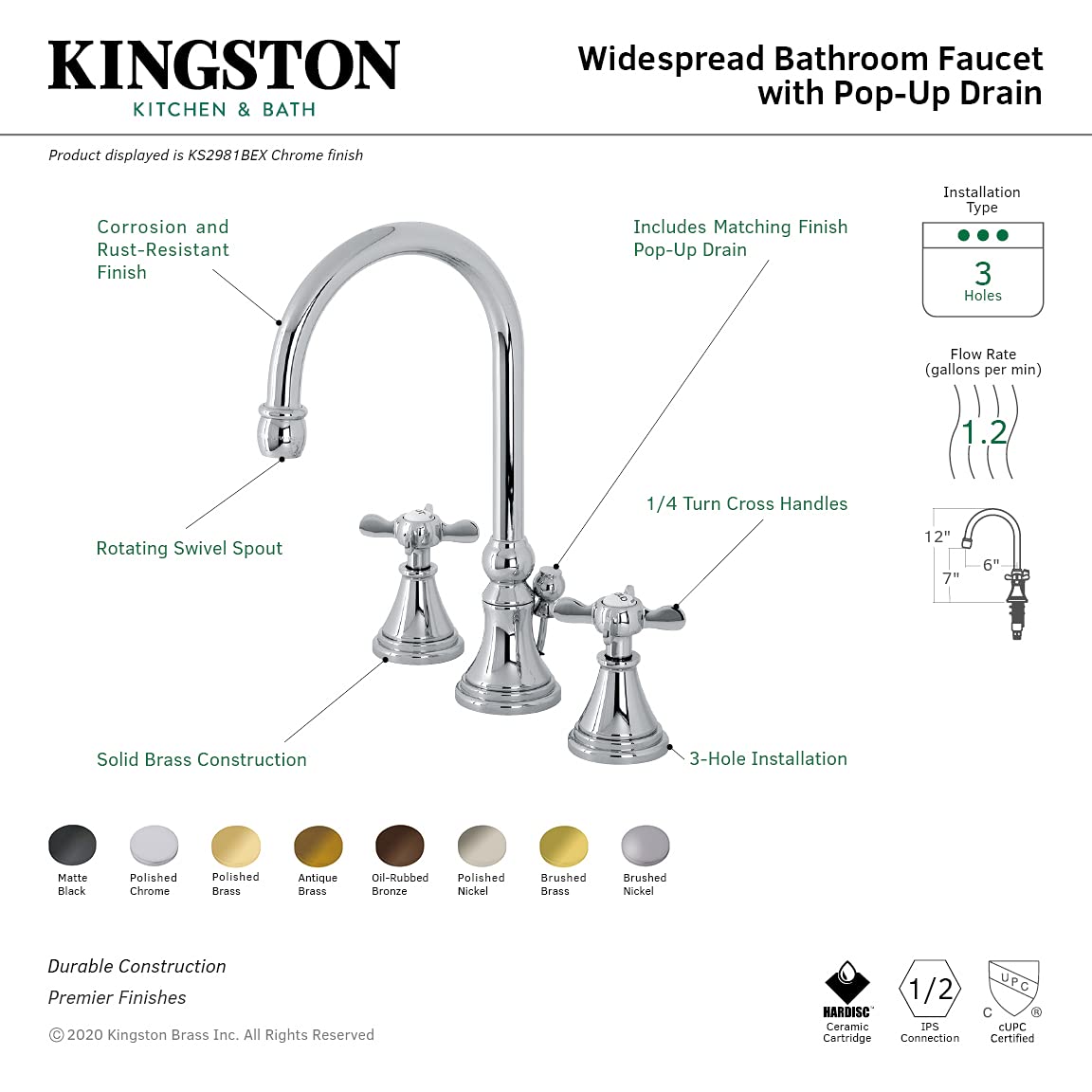 Kingston Brass KS2985BEX Essex Widespread Bathroom Faucet with Brass Pop-Up Drain, Oil Rubbed Bronze Finish - 11 x 6.31 x 11.5 Inches - Perfect for Modern Bathroom Vanities and Powder Rooms
