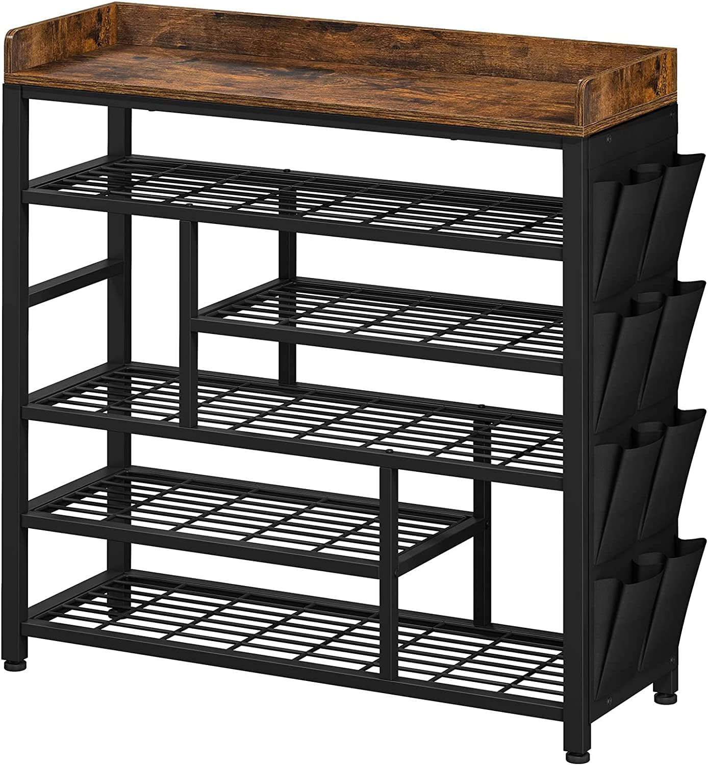 6-Tier Metal Shoe Rack with Wooden Top & Side Pockets - Holds 22 Pairs of Shoes - Space Saving Entryway Organizer for Hallway, Closet or Mudroom Storage - Black