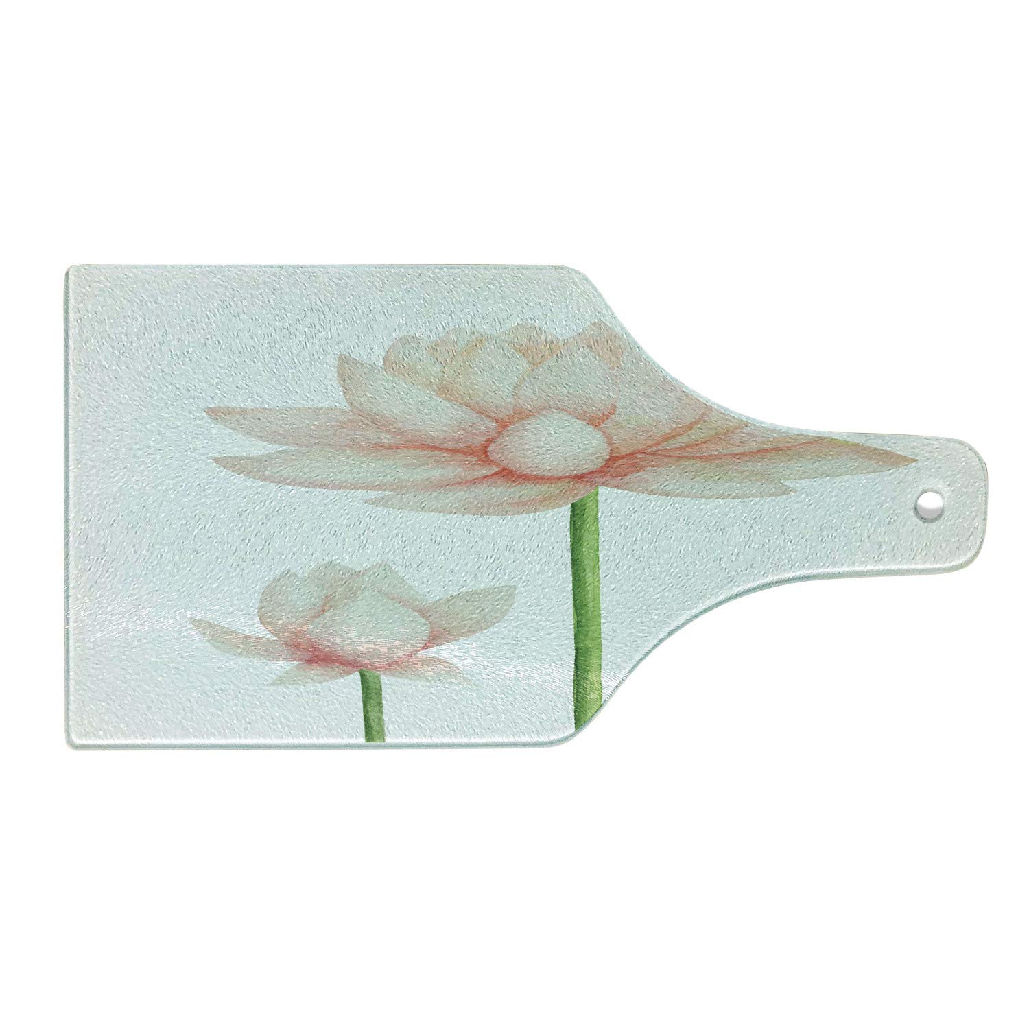 Ambesonne Yoga Cutting Board - Pastel Blooming Lotus Flower Design, Tempered Glass Serving Board for Kitchen, Spa & Home Decor - Peach Green White Wine Bottle Shape - Perfect for Entertaining, Cooking & Gift Giving