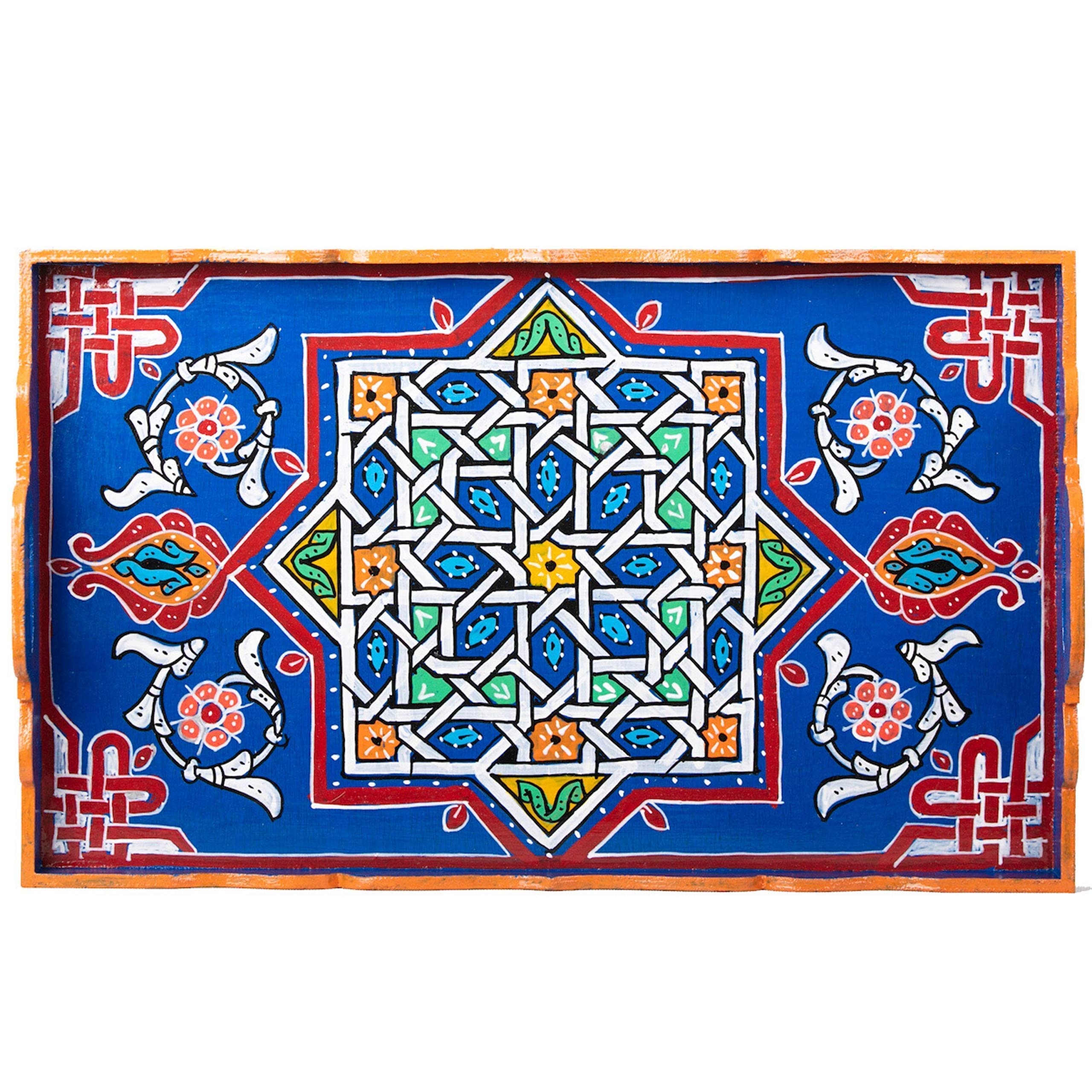 Hand Painted Moroccan White Decorative Serving Tray - Waterproof Acrylic Painting Bohemian Arabesque Home Decor (Yellow) | Perfect for Coffee Table Display, Gift Giving & Boho Chic Home Styling