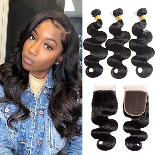 100% Unprocessed Brazilian Virgin Human Hair Bundles with 4x4 Lace Closure - Body Wave 3 Bundles (14 16 18+12 Inches) Natural Color Free Part - Perfect for Protective Styles, Weaves & Natural Hair Extensions