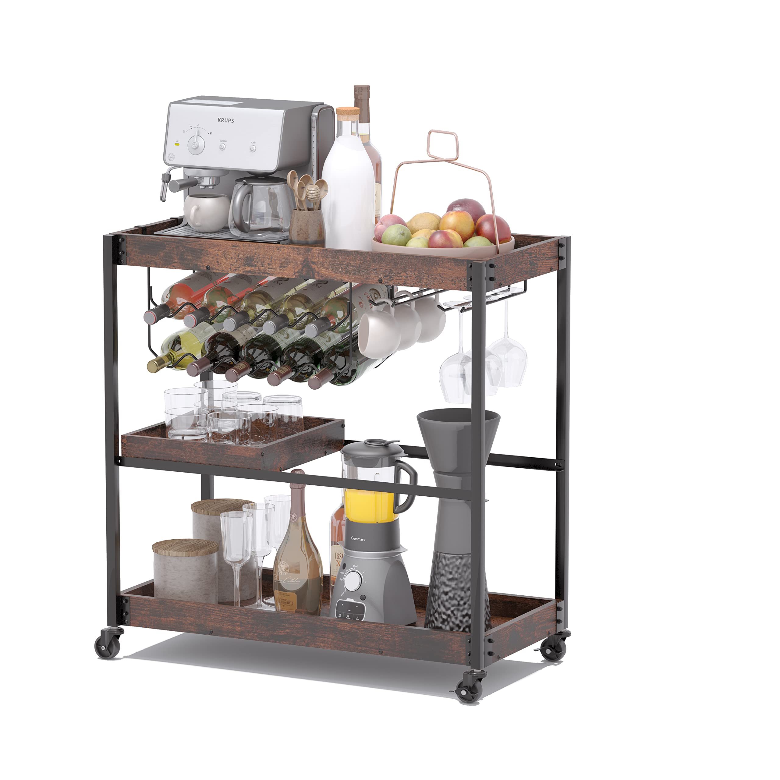 Industrial 3-Tier Rolling Bar Cart with Wine Rack & Glass Holder - Rustic Brown Mobile Coffee Station for Kitchen, Living Room & Outdoor Entertaining - Sykit Serving Cart with Removable Tray for Drinks & Decor