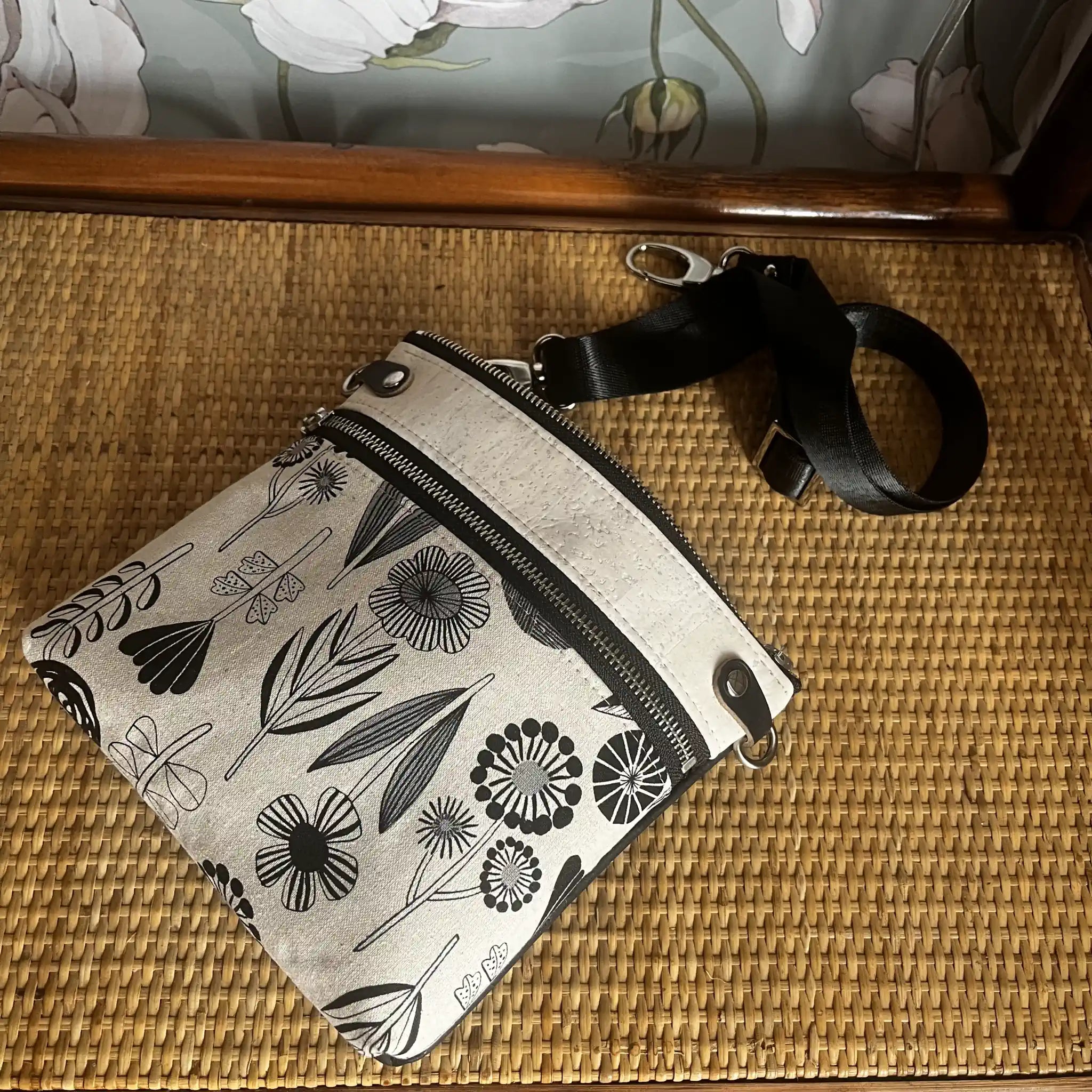 Izzy's Mom Cross Body Bag (Medium) - Off White & Black Cork with Bloom Fabric, Nickel Hardware | Stylish and Functional Purse for Women, Perfect for Daily Use, Travel, and Shopping