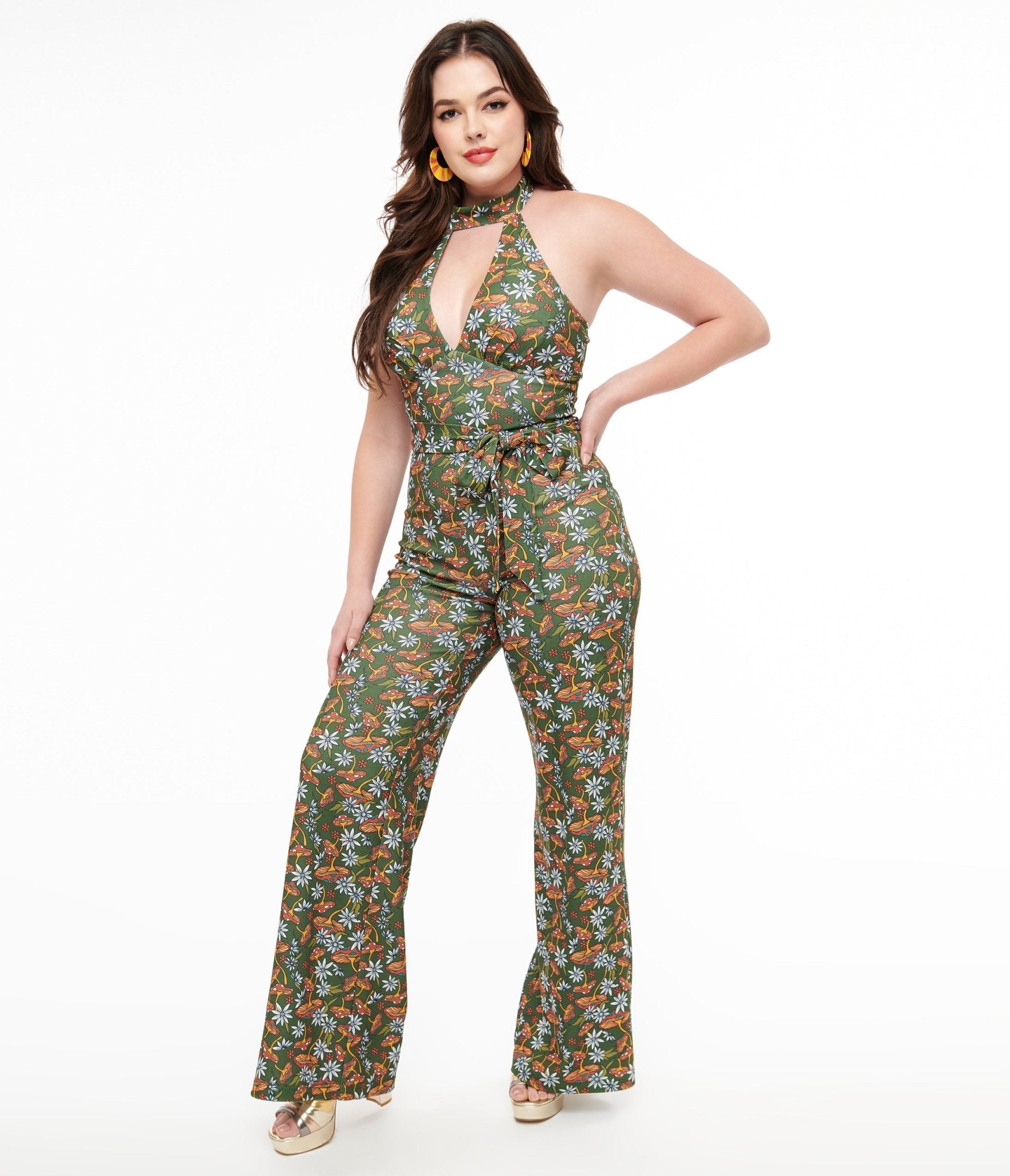 Vintage 1960s Green & Orange Mushroom Print Glamour Goddess Jumpsuit by Smak Parlour - Retro Party Outfit, Halloween Costume & Music Festival Fashion