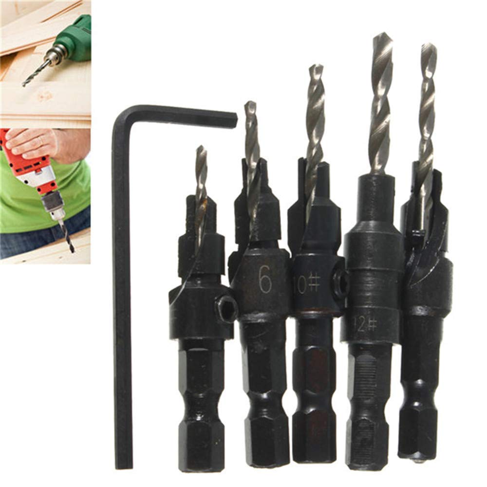 5PCS HSS Countersink Drill Bit Set - Hex Shank Woodworking Screw Reamer Tools for Metal, Wood & Plastic - Perfect for DIY Projects & Professional Use