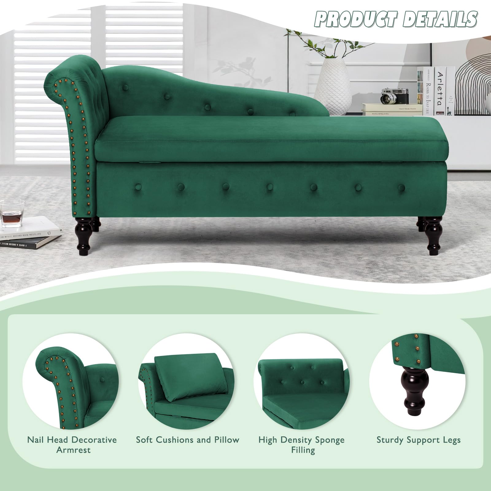 Velvet Upholstered Chaise Lounge with Left Armrest & Lumbar Pillow - Button Tufted Storage Sofa, Modern Lounge Chair for Bedroom, Living Room & Office - Green | Perfect for Small Spaces, Reading Nook & Relaxation