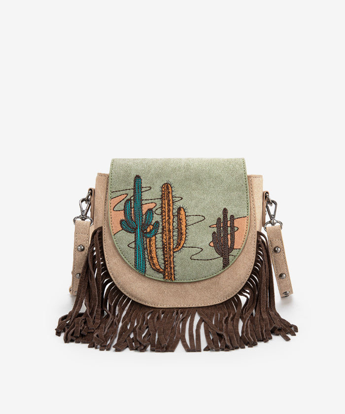 Montana West Cactus Embroidered Fringe Crossbody Bag for Women - Stylish Western Purse with Adjustable Strap - Perfect for Casual Outings, Music Festivals & Travel