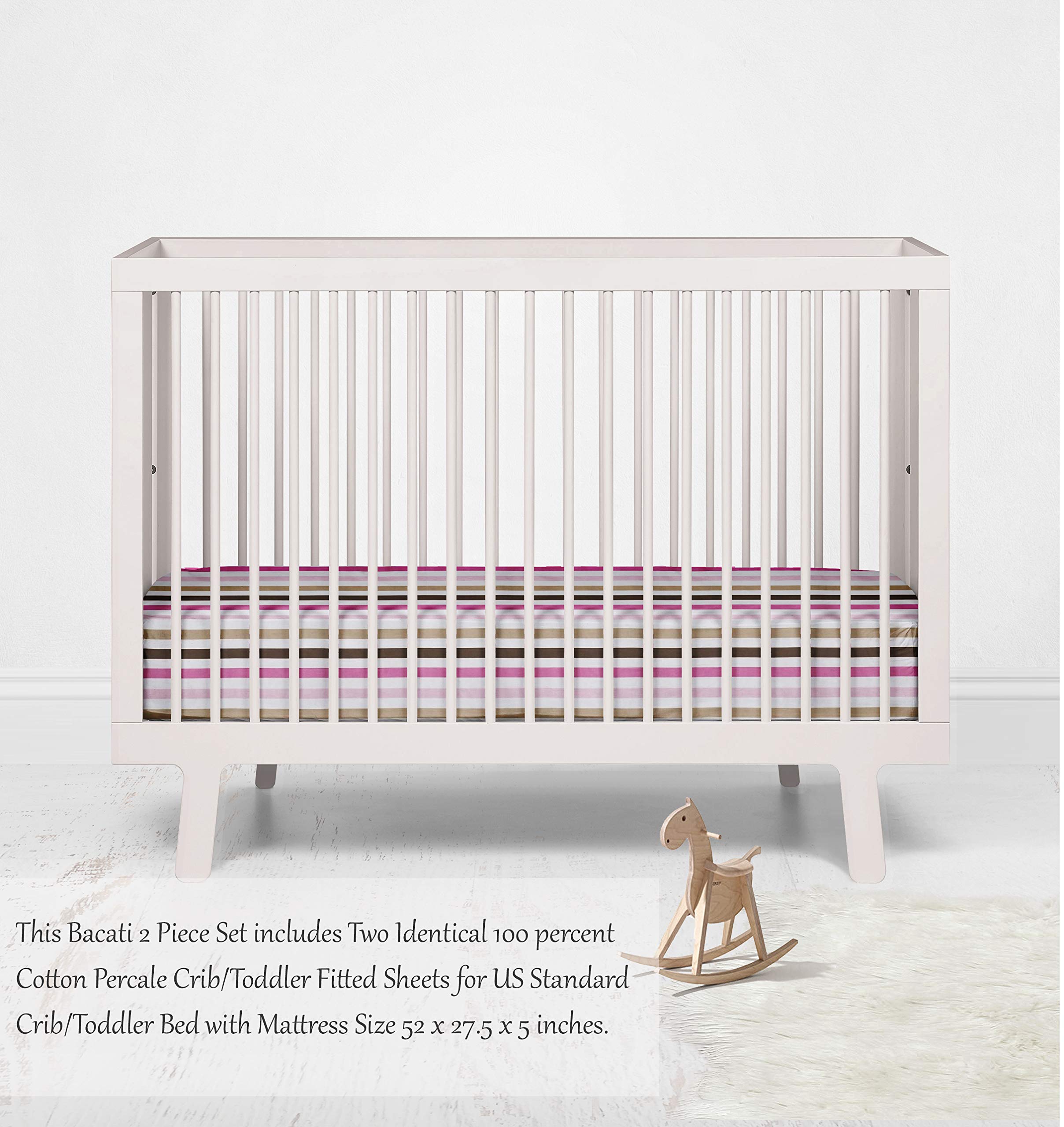 Bacati Crib Fitted Sheets - Soft Mod Stripes Pink & Chocolate (Pack of 2) | Breathable Cotton Baby Crib Sheets for Boys & Girls | Perfect for Nursery, Daycare & Travel