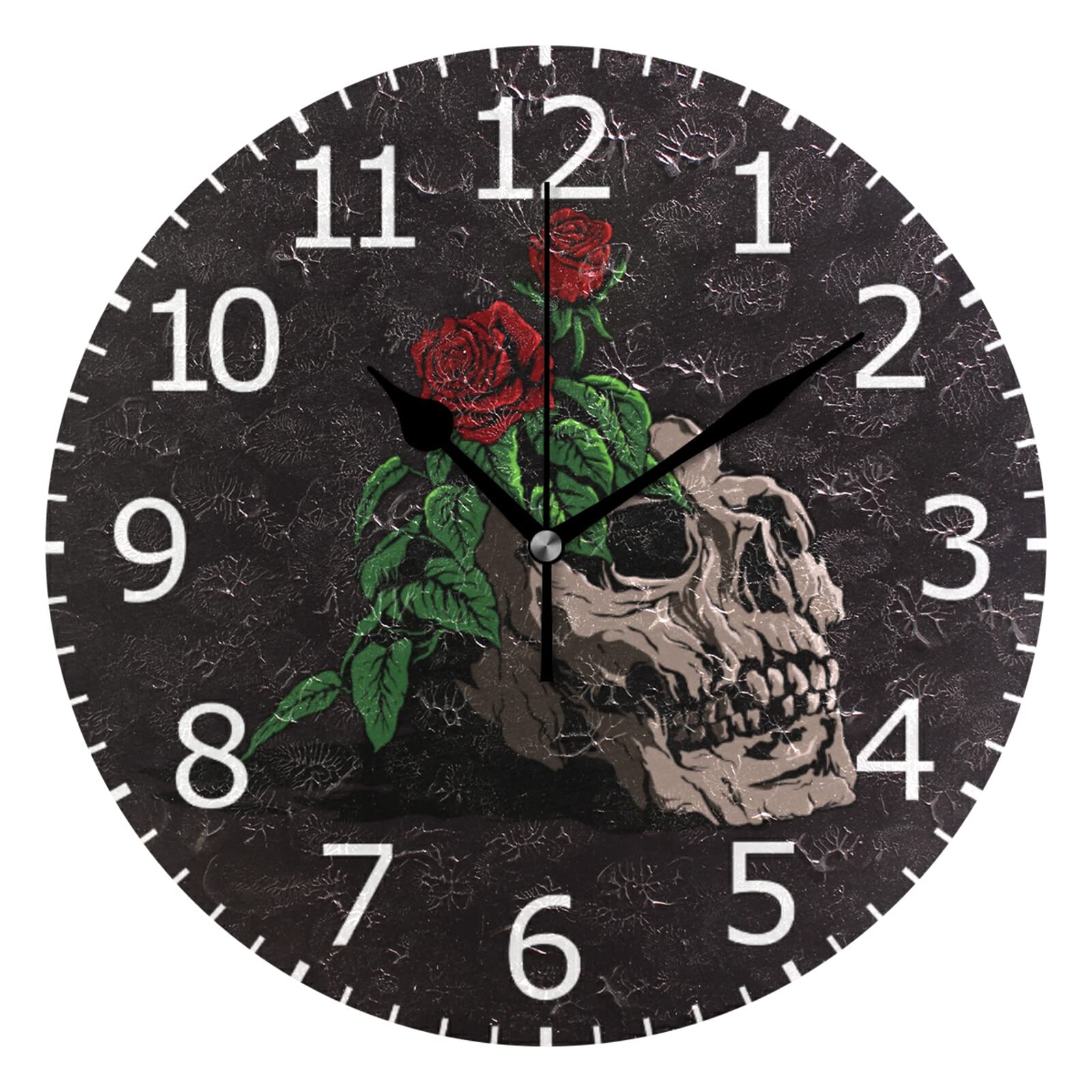 ALAZA Silent Non-Ticking Round Wall Clock with Skull & Roses Acrylic Painting - Perfect for Garage, Basement, Restaurant, Workshop, and Home Decor