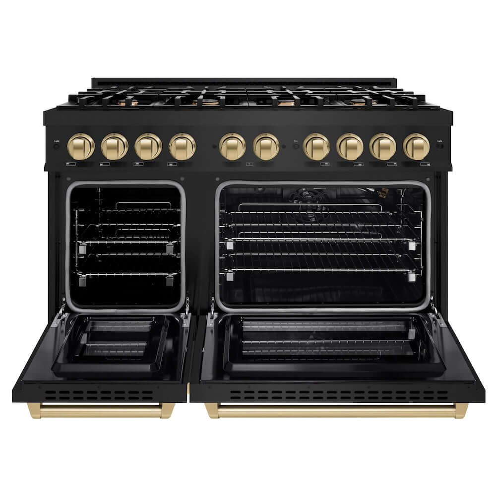 ZLINE Autograph Edition 48-Inch 6.7 cu. ft. Professional Double Oven Gas Range with 8-Burner Cooktop - Black Stainless Steel & Champagne Bronze Accents (HGRBZ 48 CB) for Home Chefs & Modern Kitchens