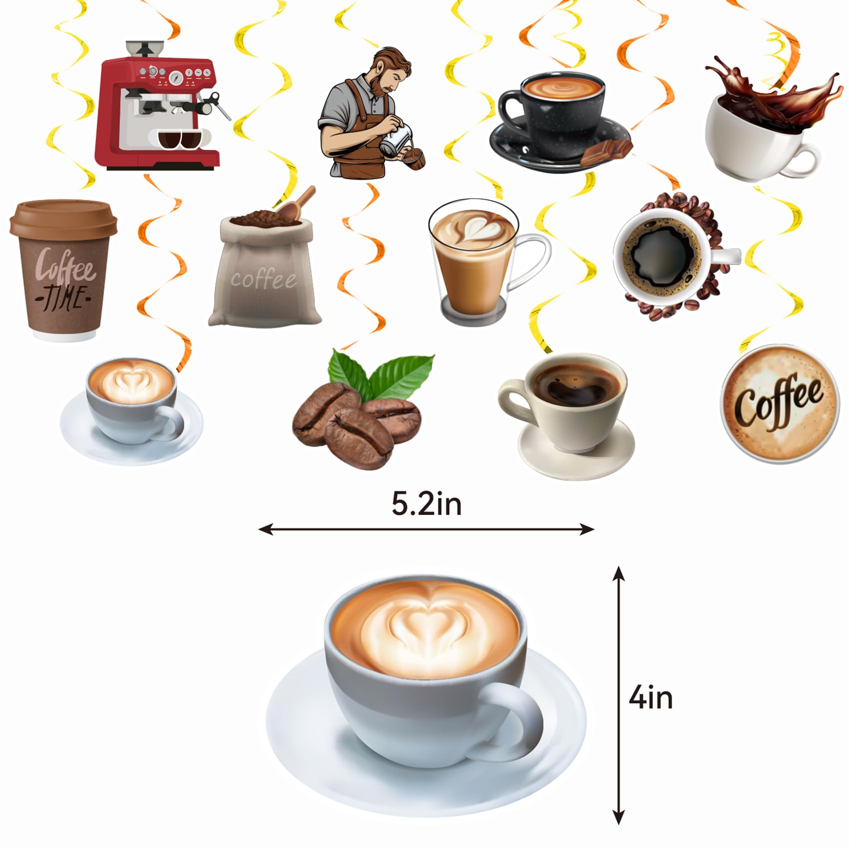 24 Pcs Coffee Hanging Swirls Decorations - Ceiling Hanging Decor for Coffee Shop, Cafe & Home - Perfect for Coffee Themed Parties, Weddings & Events