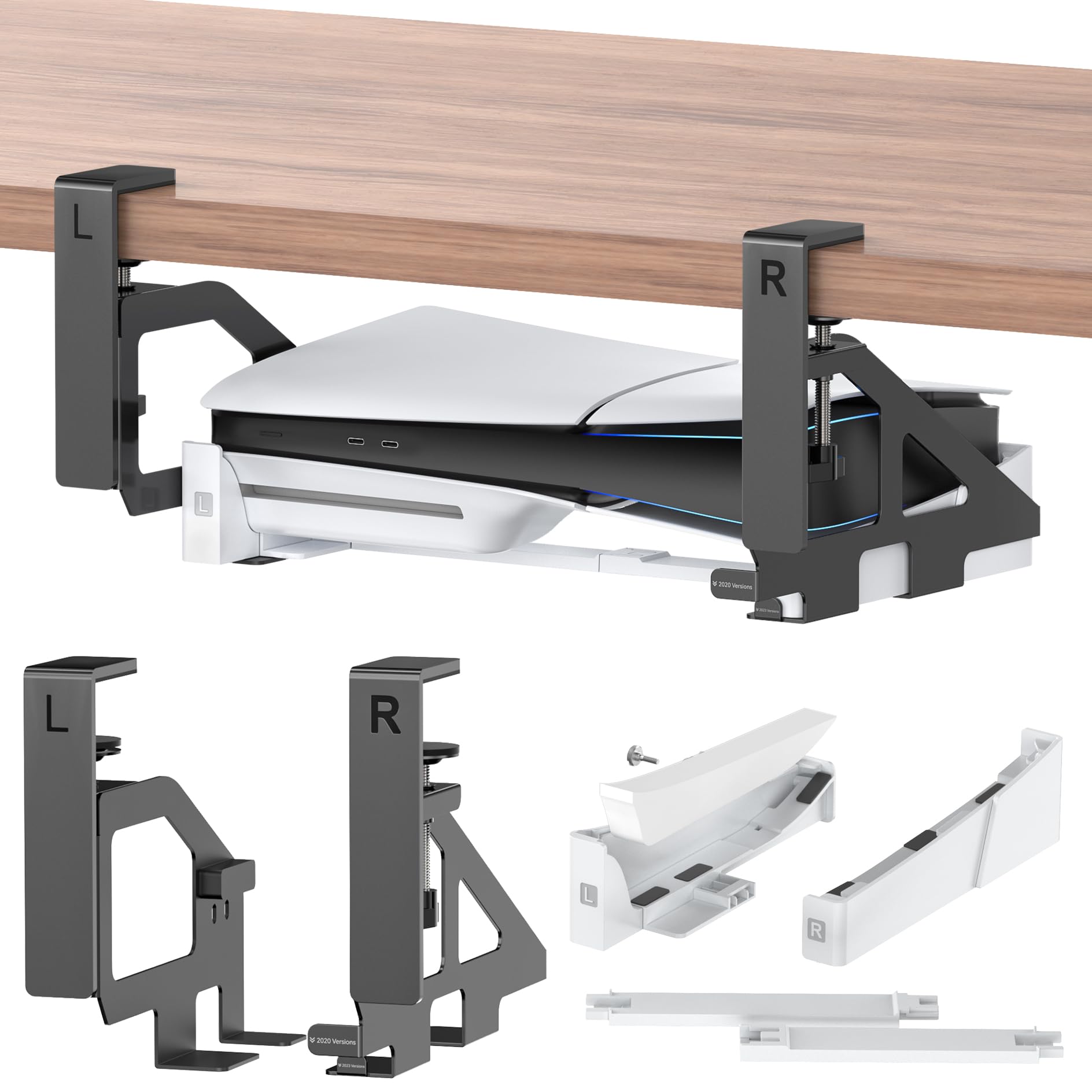 No-Drill PS5/PS5 Slim Under Desk Mount - Metal & Plastic Holder Kit for PS5 Digital & Disc Edition - Includes Clamp Mount & Screws (Long & Short) - Perfect for Gaming Setups & Workspace Organization