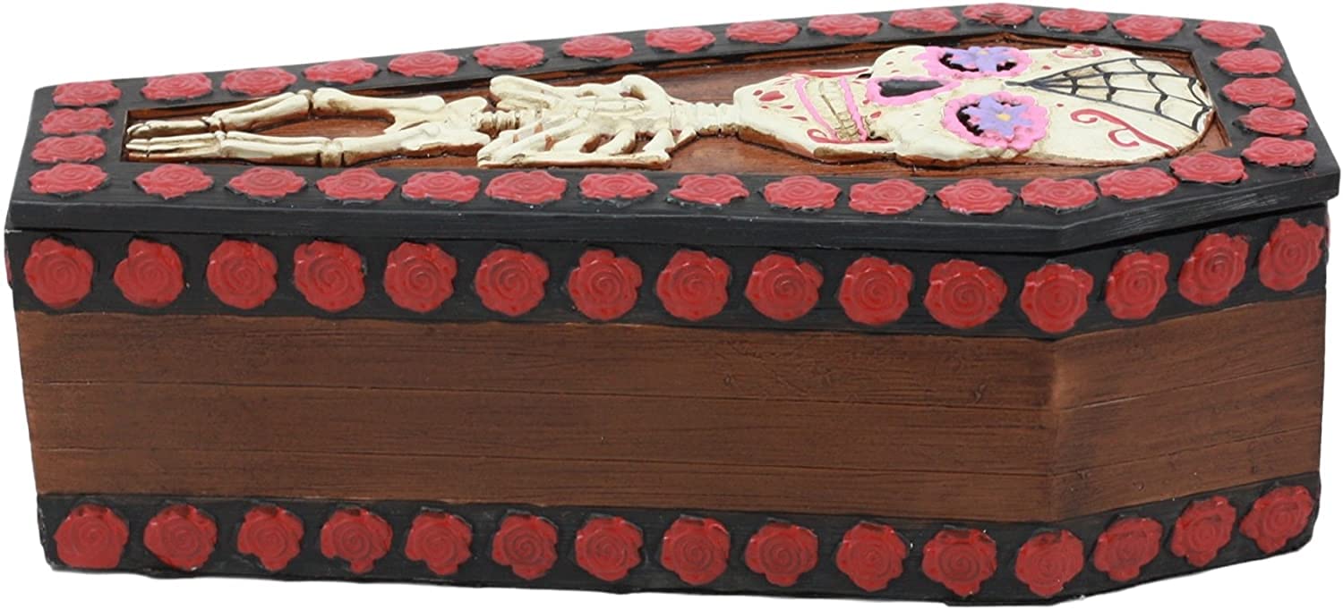 Ebros Gothic Sugar Skull Jewelry Box with Red Roses - Day of The Dead Decor, Skeleton Coffin Trinket Box for Secret Stash - Perfect for Halloween, Gothic Home Decor & Vampire Themed Collections