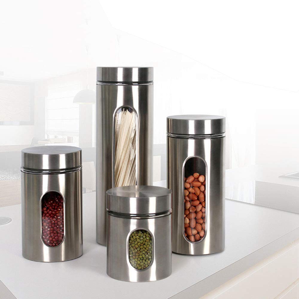 YISHIYI 4-Piece Stainless Steel & Glass Food Storage Container Set with Lids - Airtight Kitchen Organizer for Coffee, Tea, Sugar, Flour & Dry Goods (S/M/L/XL) - Perfect for Pantry, Office & Camping Storage