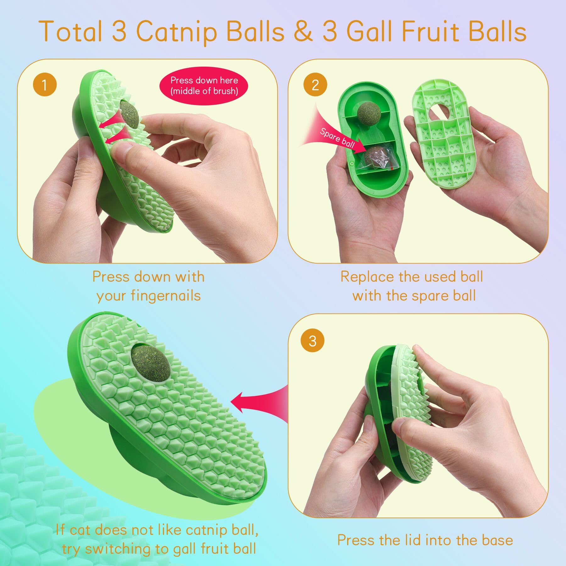 SEVENKA 2 Pack Cat Grooming Brush with 3 Catnip Balls & 3 Fruit Balls - Self-Cleaning Cat Scratcher Toy for Indoor Kittens - Wall Mounted Chew Toy for Stress Relief & Playtime - Perfect for Home, Office or Pet Salon Use