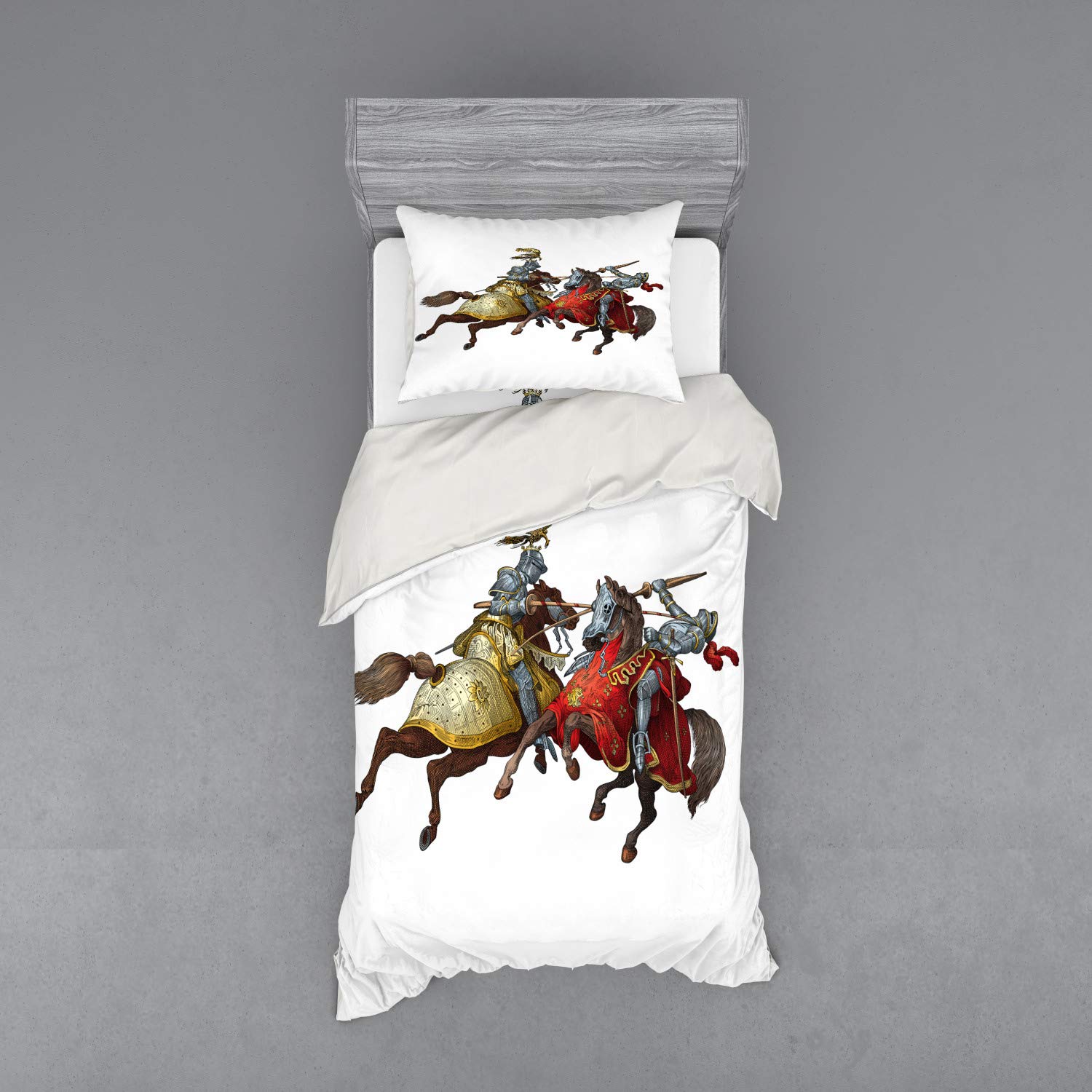 Ambesonne Medieval Bedding Set - Knights & Renaissance Costume Design, 3-Piece Duvet Cover with Sham & Fitted Sheet, Twin XL Size, Multicolor - Perfect for Historical Themed Bedrooms & Renaissance Fair Enthusiasts