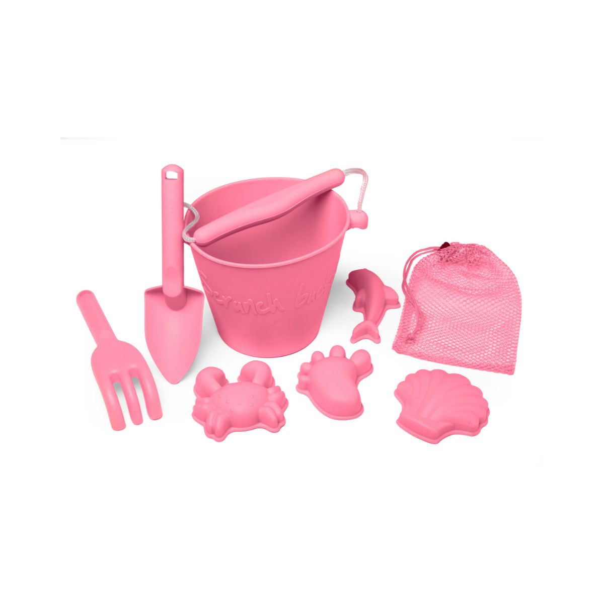 Flamingo Pink Scrunch Beach Bundle Set - Sand Bucket, Spade, Rake & Molds for Kids | Perfect for Beach Vacations, Sandcastle Building & Summer Outdoor Play