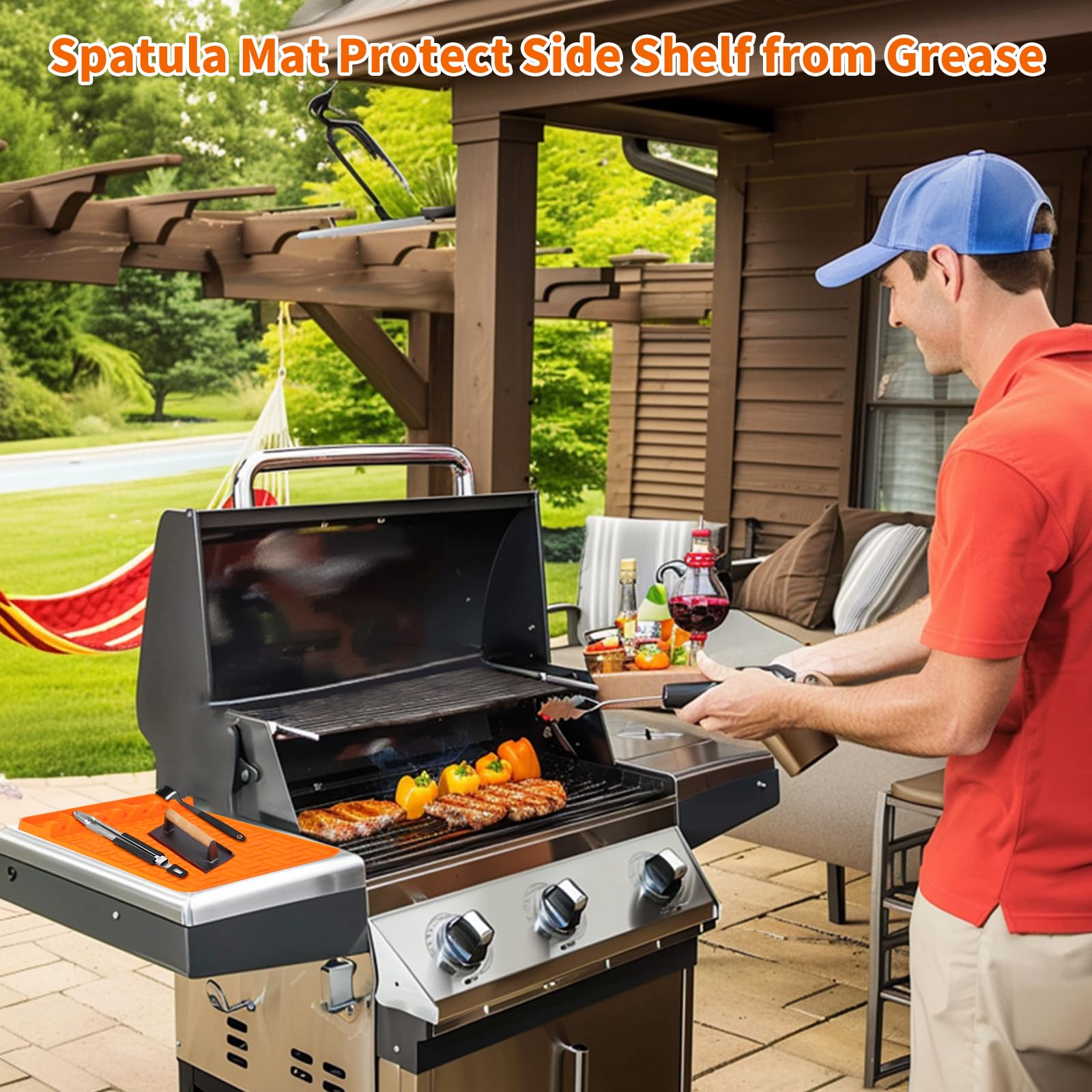 2 Pack Non-Slip Silicone Griddle Tool Mat for Blackstone BBQ Grill - Heat Resistant Cooking Mat with Drip Pad - Perfect for Outdoor Grilling, Countertop Protection & Kitchen Organization (Orange)