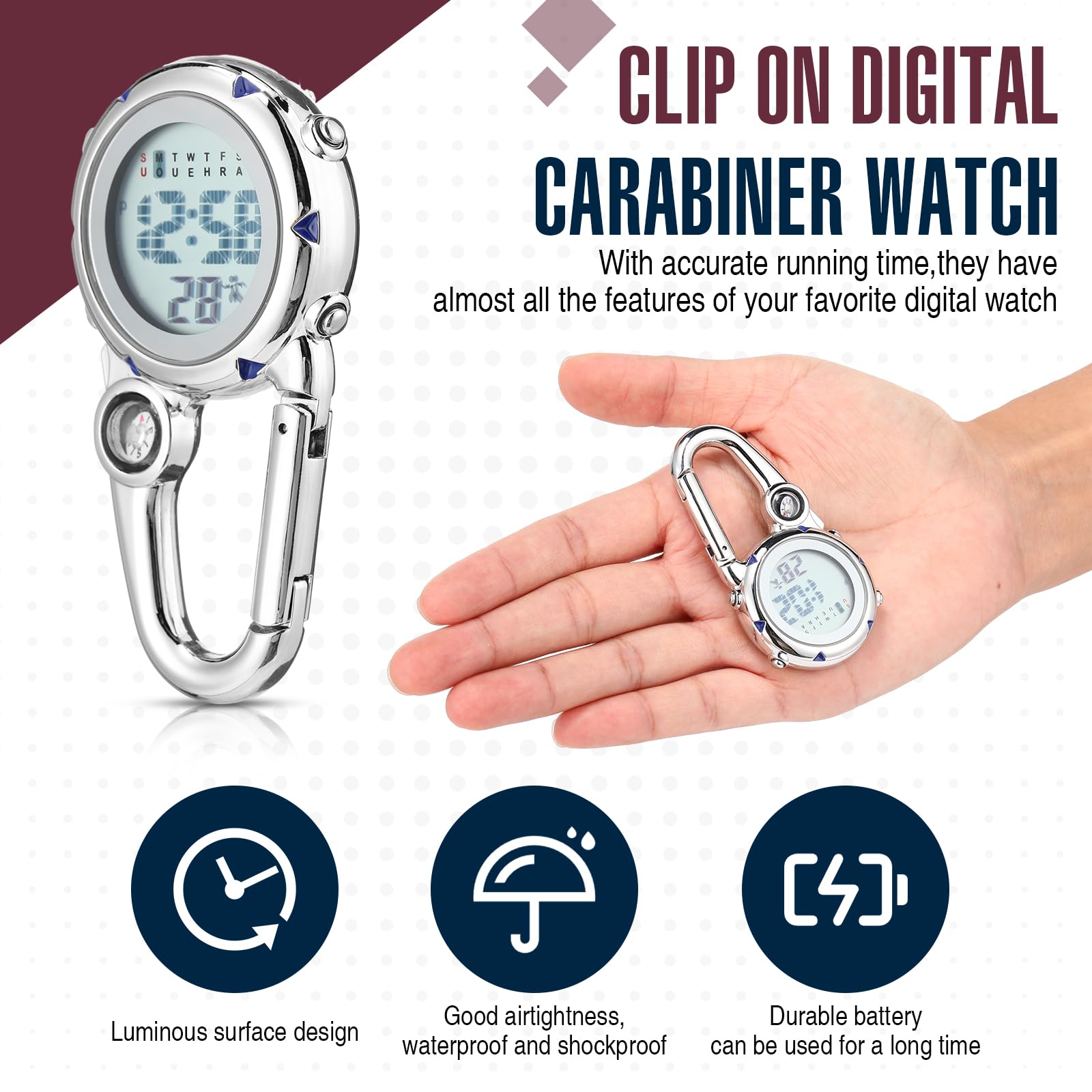 Misdary 2 Pack Digital Clip On Watch with Glow in Dark, Alarm, Date & Week Display - Carabiner Pocket Watch for Men, Women, Nurses - Perfect for Outdoor Sports, Hiking, Climbing & Backpacking Accessories