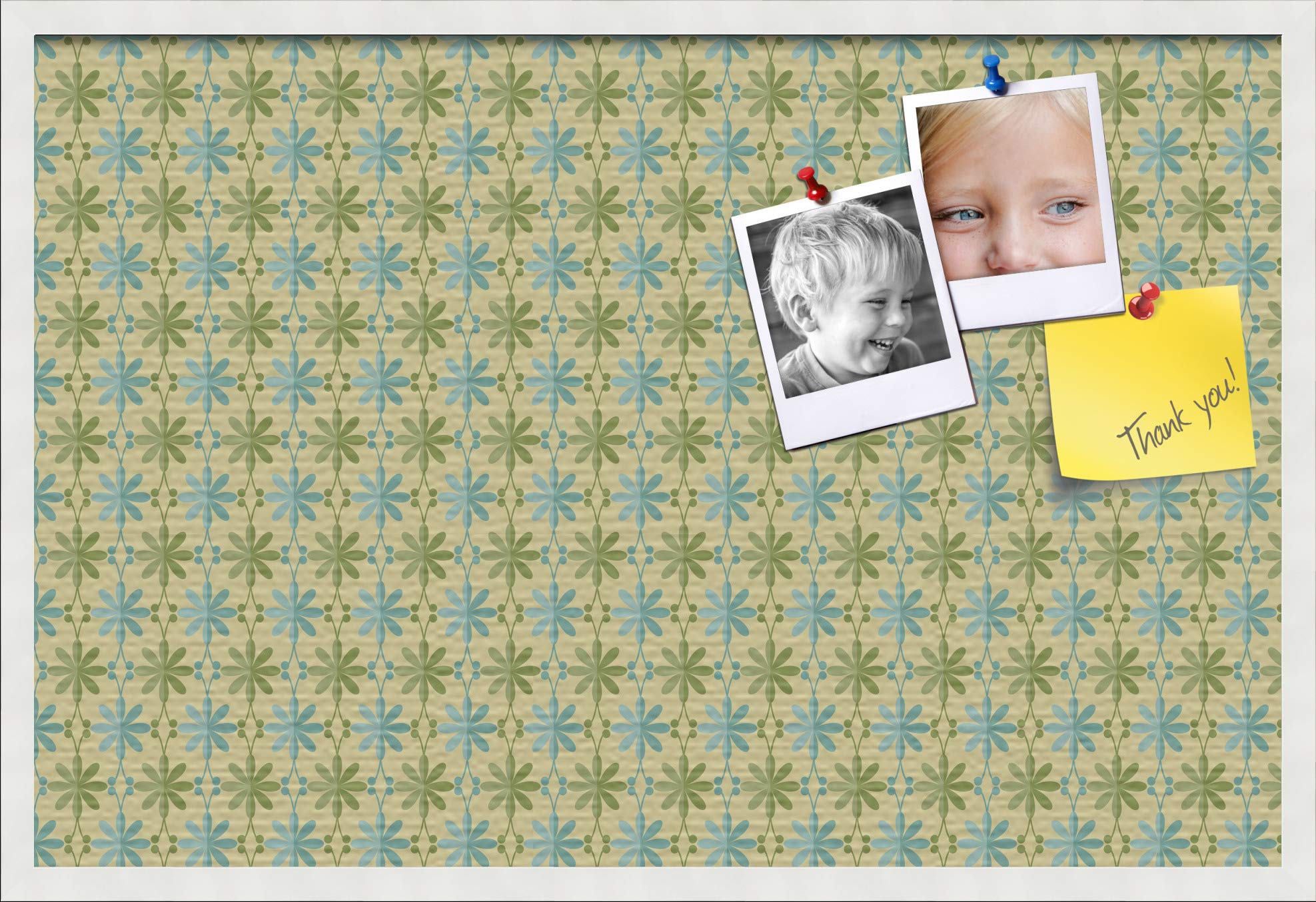 ArtToFrames 36x24 Inch Custom Cork Bulletin Board - Floral Blue Green Fabric Canvas Pin Board with Satin White Frame | Perfect for Home Office, Classroom Decor & Wall Organization (PinPix-551-36x24_FRBW26074)