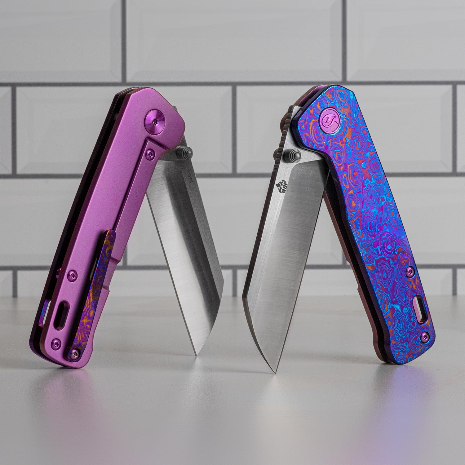 QSP Penguin Titanium Framelock EDC Pocket Knife - Marbled Carbon Fiber Handle, S35VN Steel Blade, Kaviso Exclusive (Stonewashed) | Everyday Carry, Outdoor Survival, Camping & Tactical Use