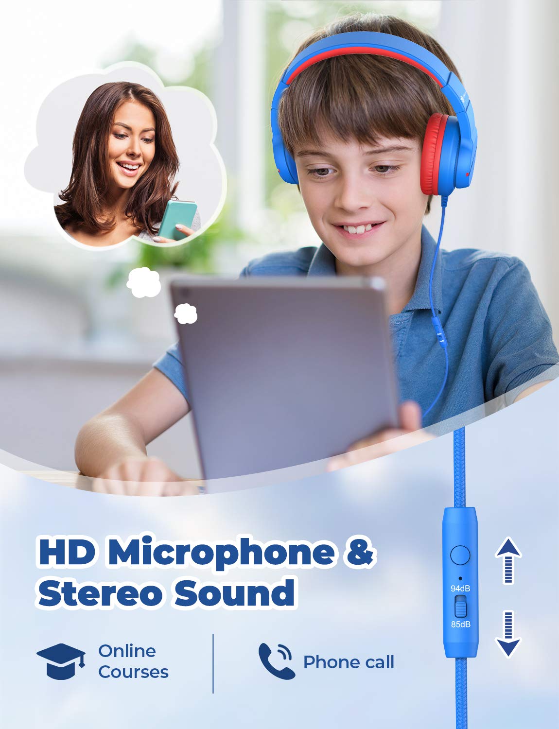 iClever Kids Headphones with Safe Volume Limit 85/94dB - Over-Ear Stereo Headphones for Boys & Girls, Foldable Wired Headset with HD Mic for School, Travel, iPad, Computer - Perfect for Online Classes & Airplane Trips (Model HS19)