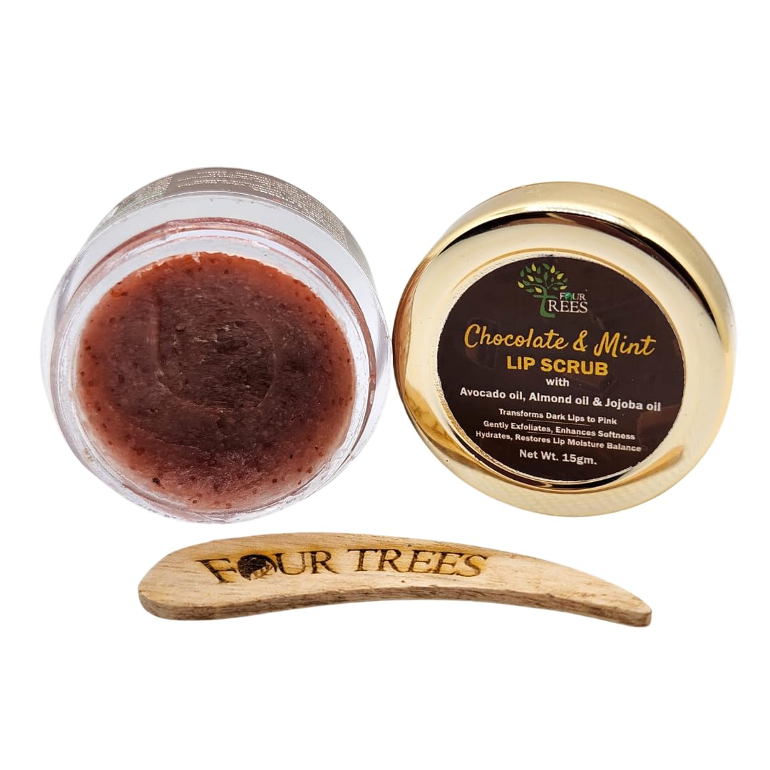 Four Trees Chocolate & Mint Lip Scrub - Natural Exfoliator for Dark Lips to Pink | Moisturizing & Softening Lip Care for Men & Women | Perfect for Dry, Chapped Lips & Pre-Makeup Prep