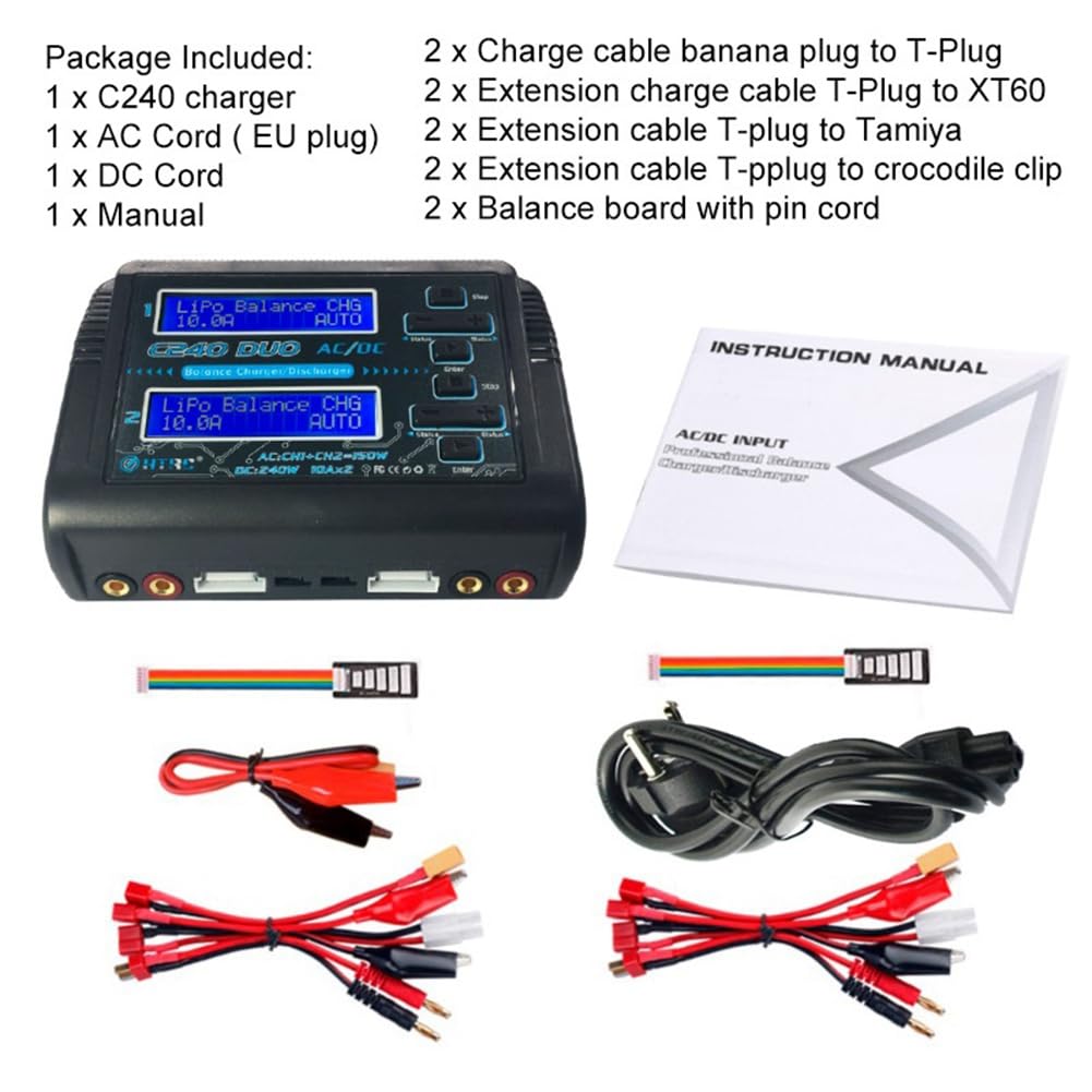 **ZUHEGELA C240 Duo Lipo Balance Dual Channel Charger 150W AC/240W DC - Fast Charging for LiHV, LiFe, LiPo, NiCd, NiMH, PB Batteries - EU Plug - Perfect for RC Drones, Cars, and DIY Electronics**