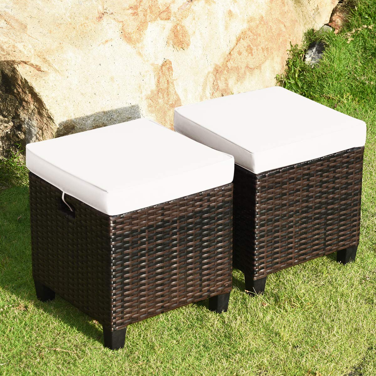 2-Piece Outdoor Rattan Ottoman Set with Removable Cushions - Patio Footrest & Wicker Stool for Garden, Deck, and Poolside Relaxation