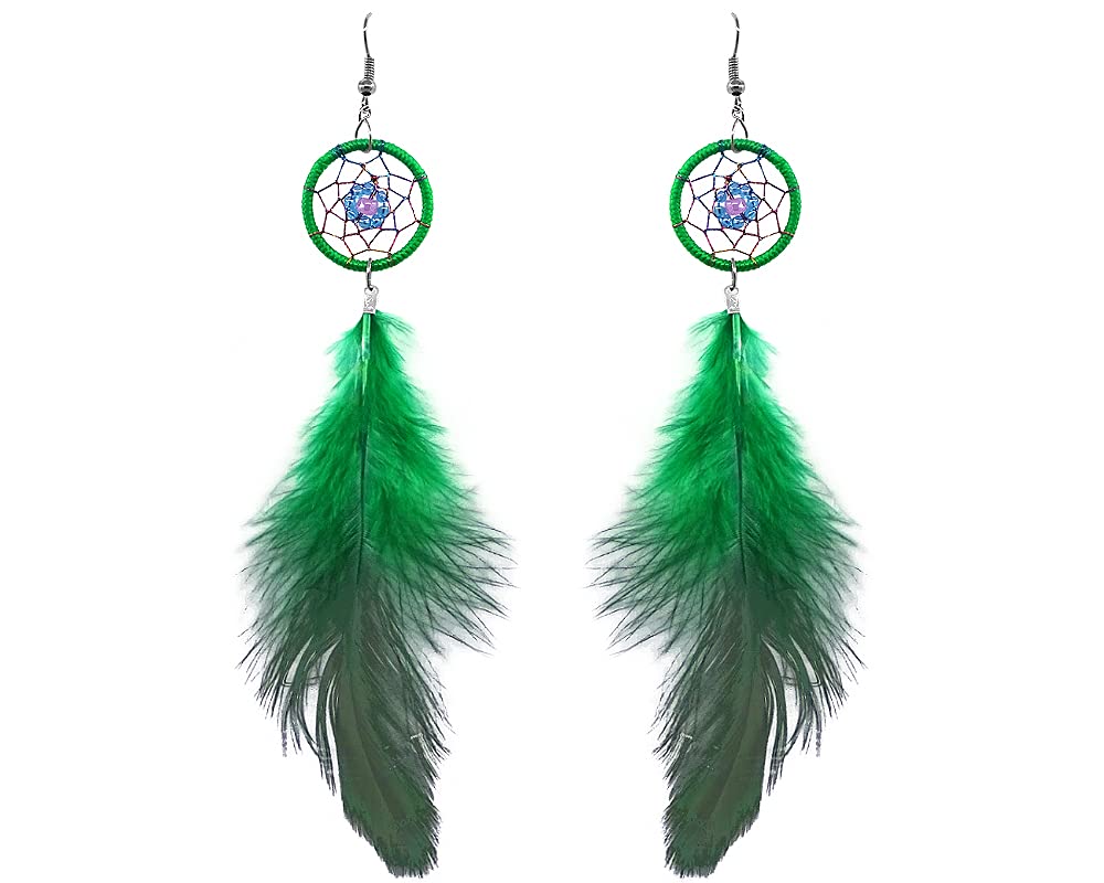 Handmade Boho Daisy Flower Dream Catcher Earrings with Natural Feather Dangles - Women's Fashion Jewelry for Festivals, Concerts & Boho Chic Outfits