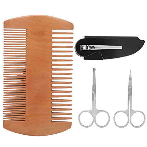 4-in-1 Beard Shaping Tool Kit - Double-Sided Wood Comb, Folding Comb & 2 Precision Scissors for Perfect Beard Line Up, Edging & Grooming - Ideal for Home Barbering & Travel Grooming Essentials