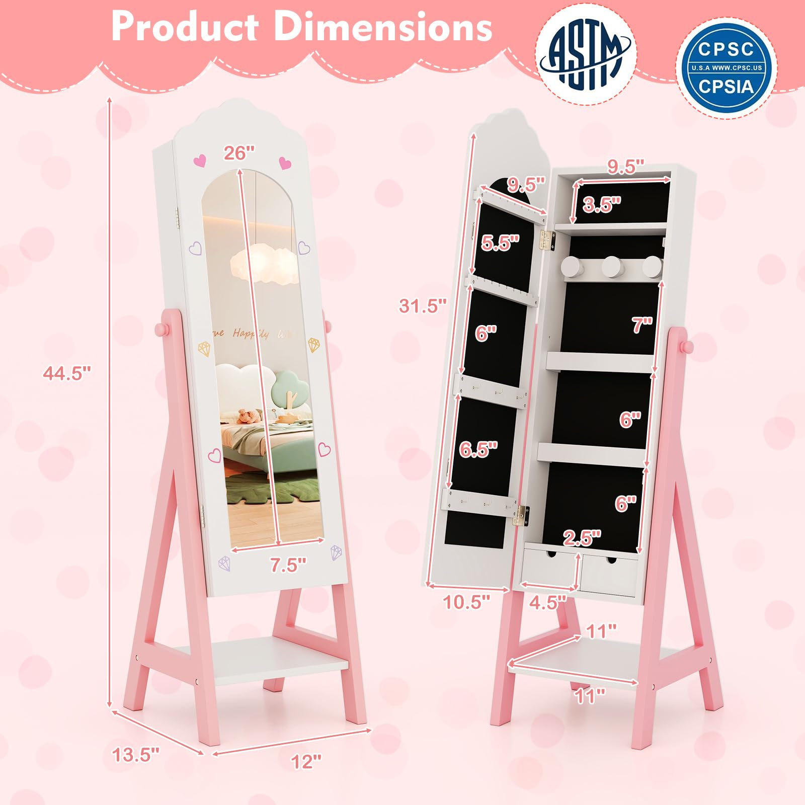 Costzon Kids Vanity & Jewelry Armoire Cabinet with Mirror - White Makeup Dressing Table & Chair Set for Girls, Standing Jewelry Organizer with Full-Length Mirror, Perfect for Bedroom Decor & Pretend Play (White)