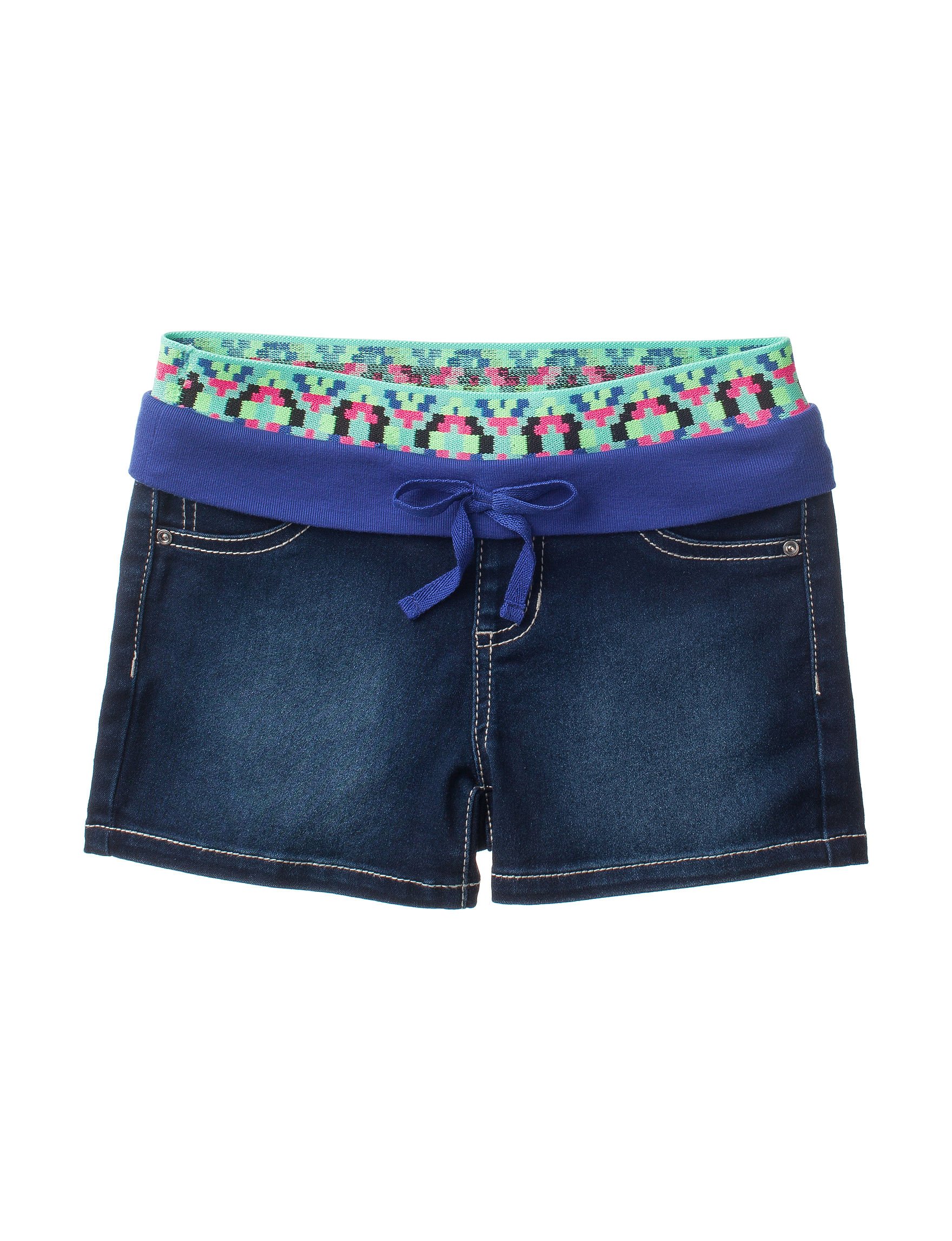 Girl's Knit Waistband Sports Denim Shorts - 2T Size, Dark Stone/Mint Aztec Print - Comfortable Stretchy Playwear for Toddler Girls - Perfect for Playdates, Daycare & Outdoor Activities