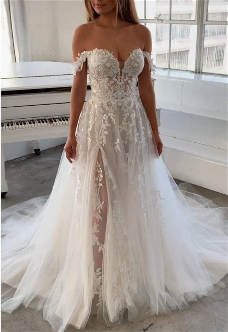 Elegant Lace Beach Wedding Dresses for Bride 2024 - Off Shoulder Tulle Appliqued Bridal Gowns | Perfect for Destination Weddings, Beach Ceremonies & Romantic Photoshoots