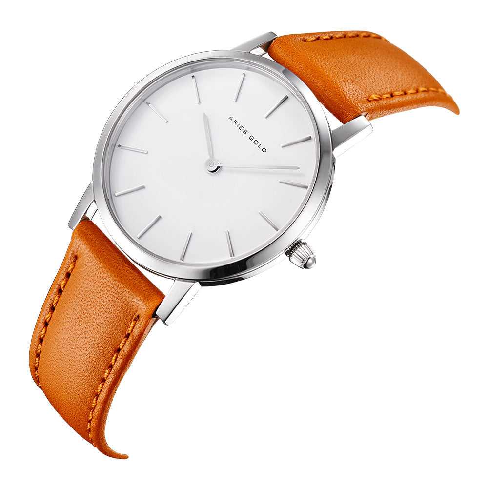 ARIES GOLD Urban Santos Silver Stainless Steel Women's Watch with Brown Leather Strap - Fashionable Timepiece for Work, Casual Wear & Special Occasions