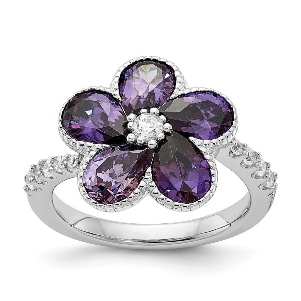 925 Sterling Silver Rhodium-Plated Purple Cubic Zirconia Flower Ring for Women - Elegant Jewelry Gift for Valentine's Day, Anniversary & Special Occasions