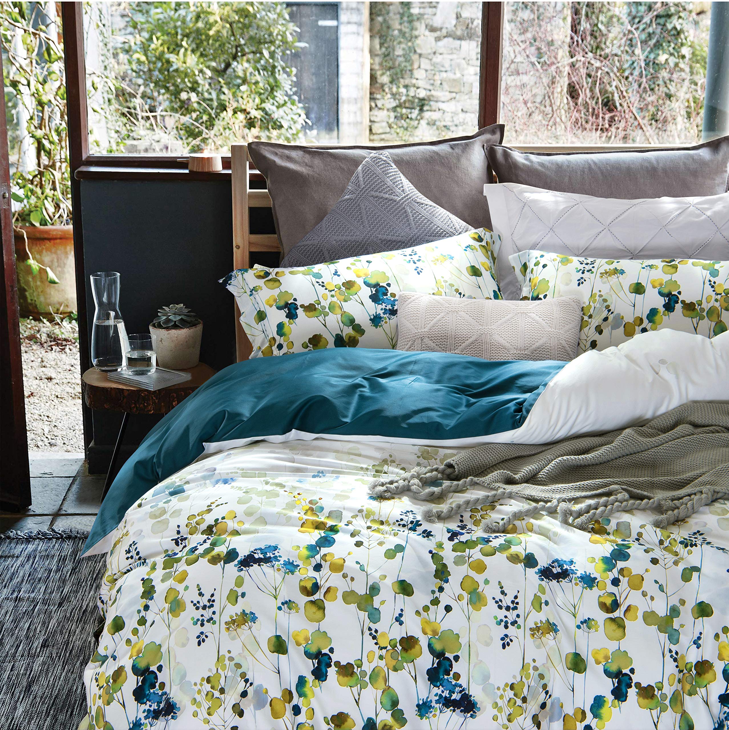 100% Long Staple Cotton Duvet Cover Set - Botanical Leaf Print Comforter Cover in Gradient Yellow Green | Soft & Breathable Bedding for Autumn & Fall Season | Perfect for Master Bedroom, Guest Room & Dorm Decor