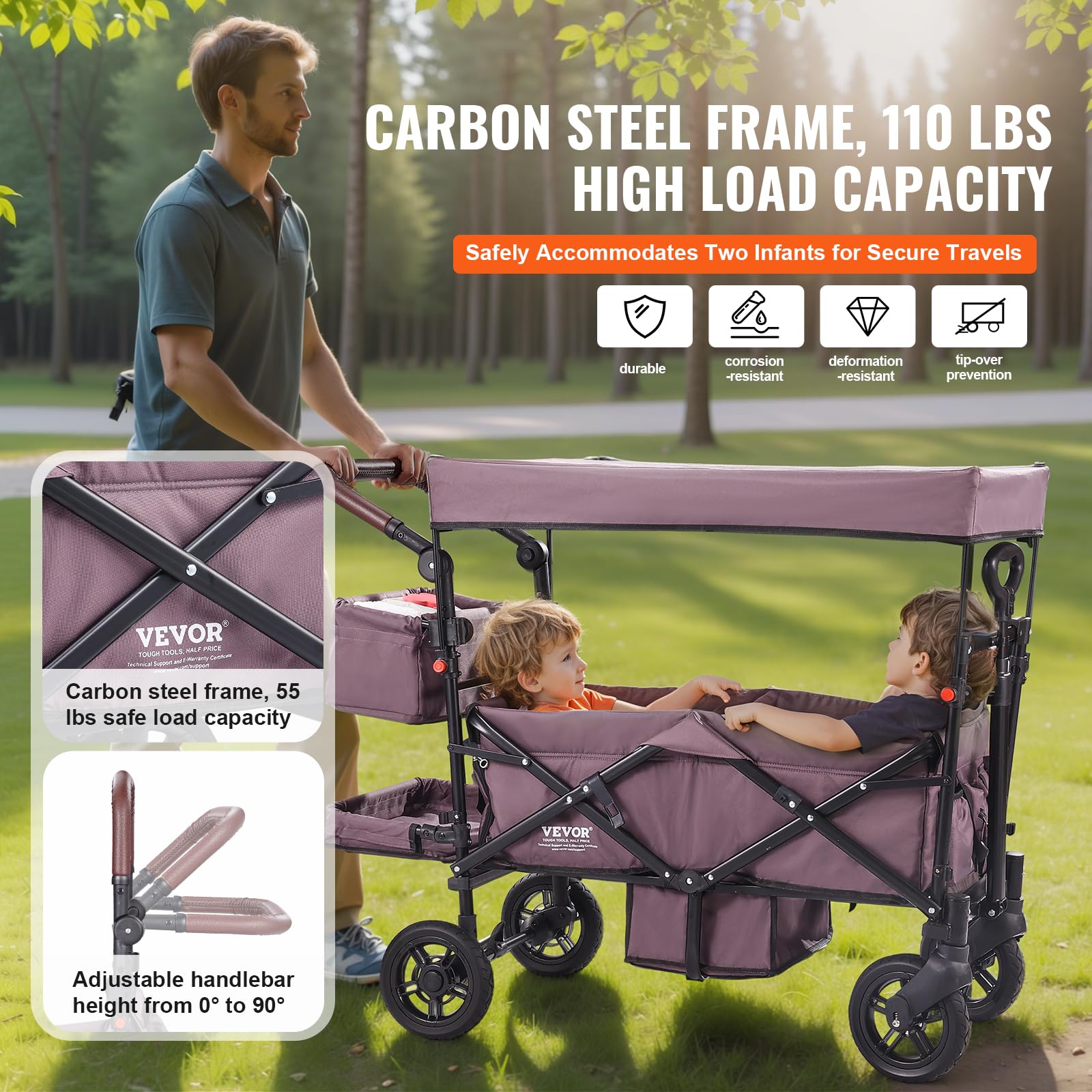 VEVOR Double Stroller for 2 Kids - Foldable 4-Wheel Wagon with Adjustable Handle, Safety Harness & Removable Canopy - Perfect for Camping, Beach Outings & Family Walks (Dark Purple)