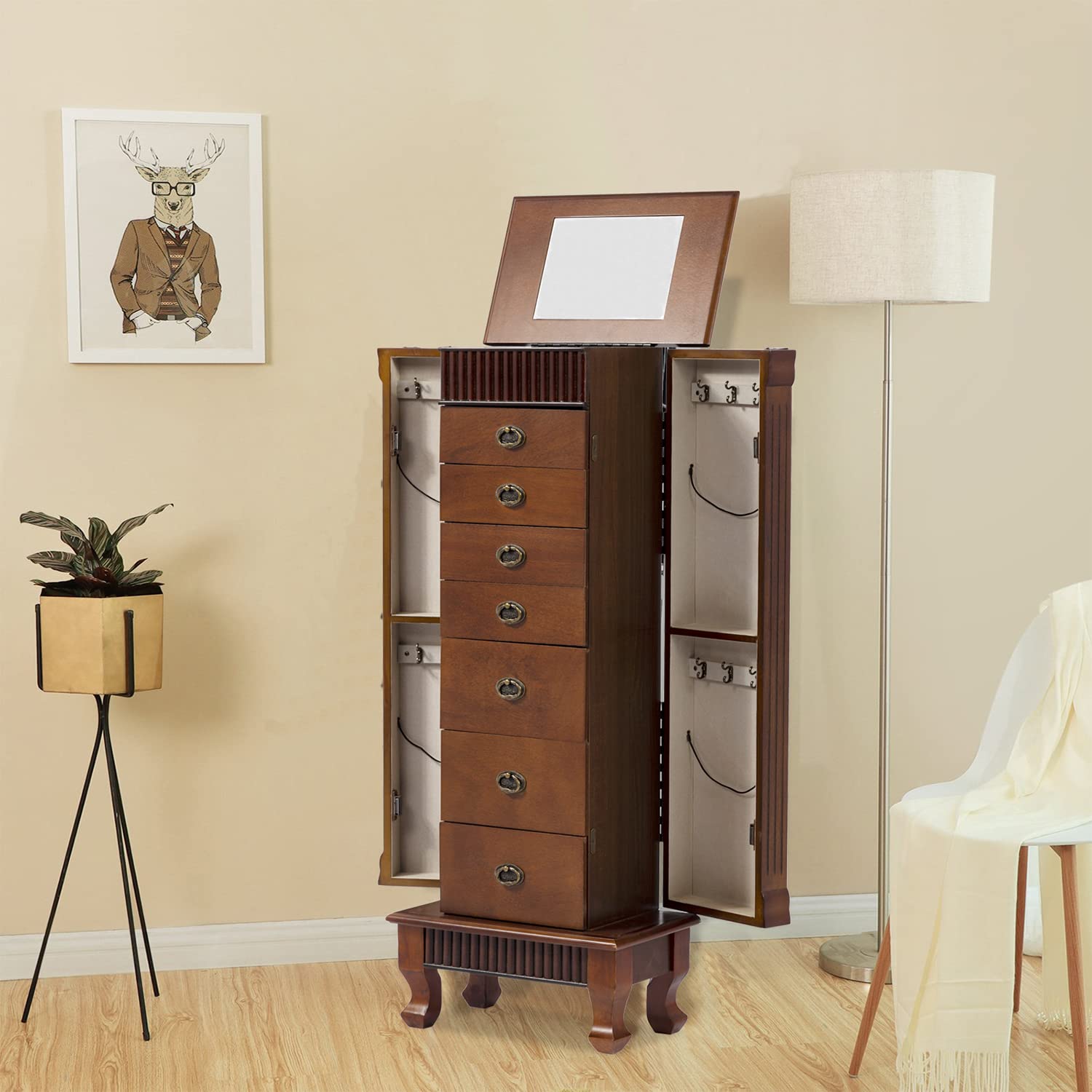FDW Wooden Jewelry Cabinet with 7 Drawers, Side Doors & Makeup Mirror - Jewelry Storage Organizer & Armoire for Necklaces, Rings, Earrings - Perfect for Bedroom, Closet & Vanity Organization