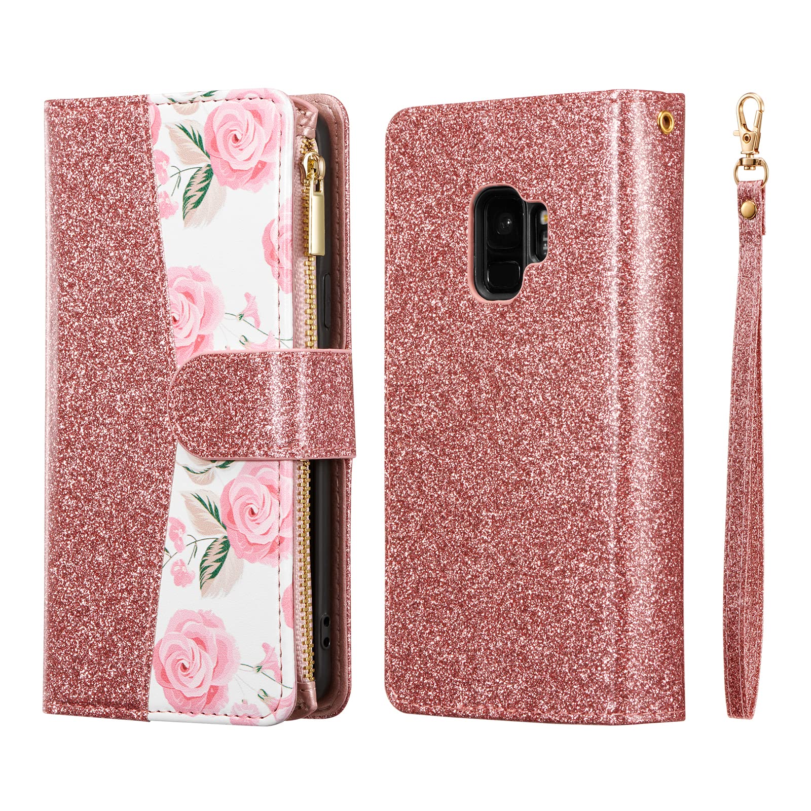 Premium PU Leather Wallet Case for Samsung Galaxy S9 Plus - Magnetic Closure, Zipper Pocket, Kickstand & Card Slots with Hand Strap | Stylish Flip Phone Case for Women | Perfect for Work, Travel & Everyday Use