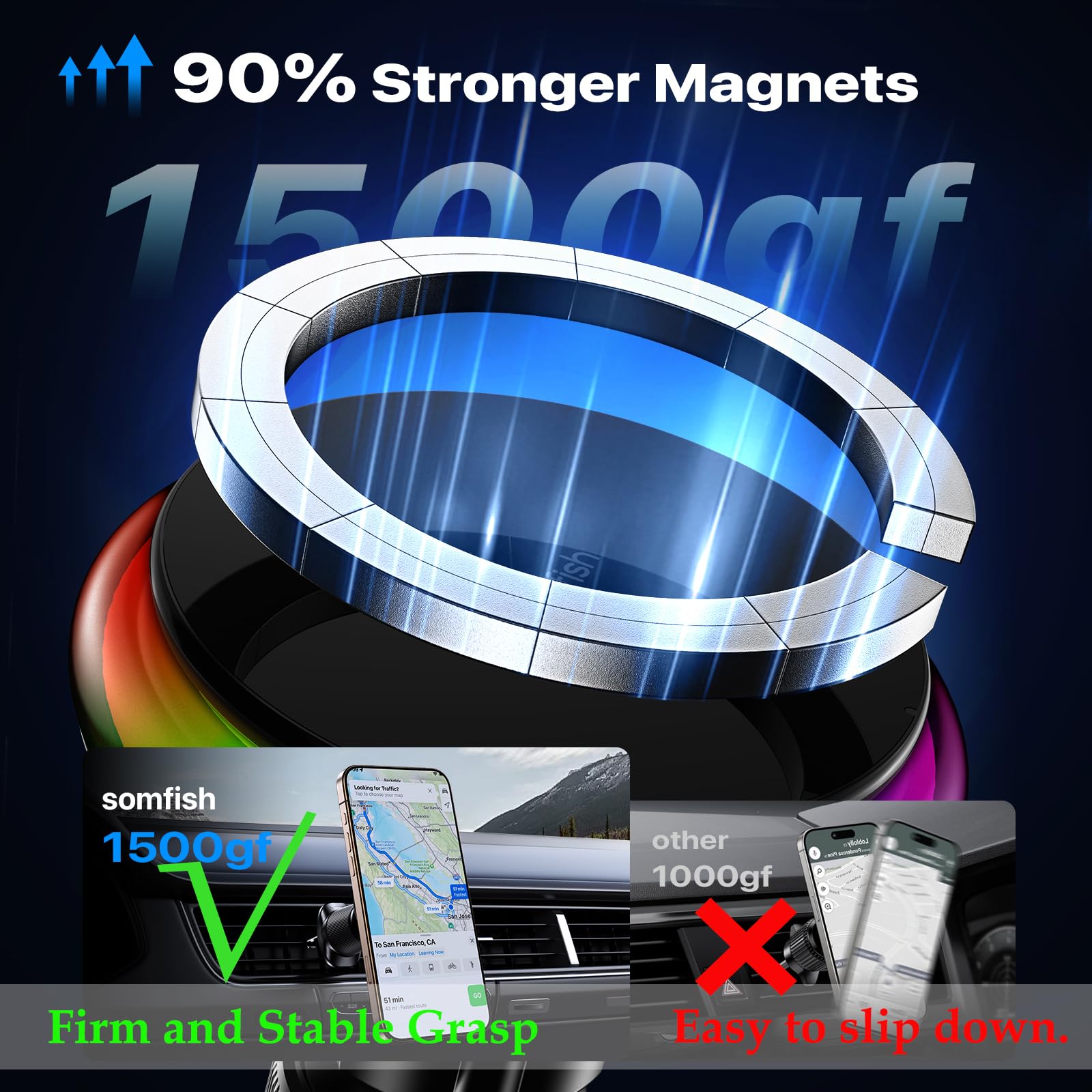 Magnetic Car Vent Mount with 15W Fast Wireless Charging - LED RGB Phone Holder for iPhone 16/15/14/13/12 | Secure Hands-Free Charging Solution for Commuting & Road Trips