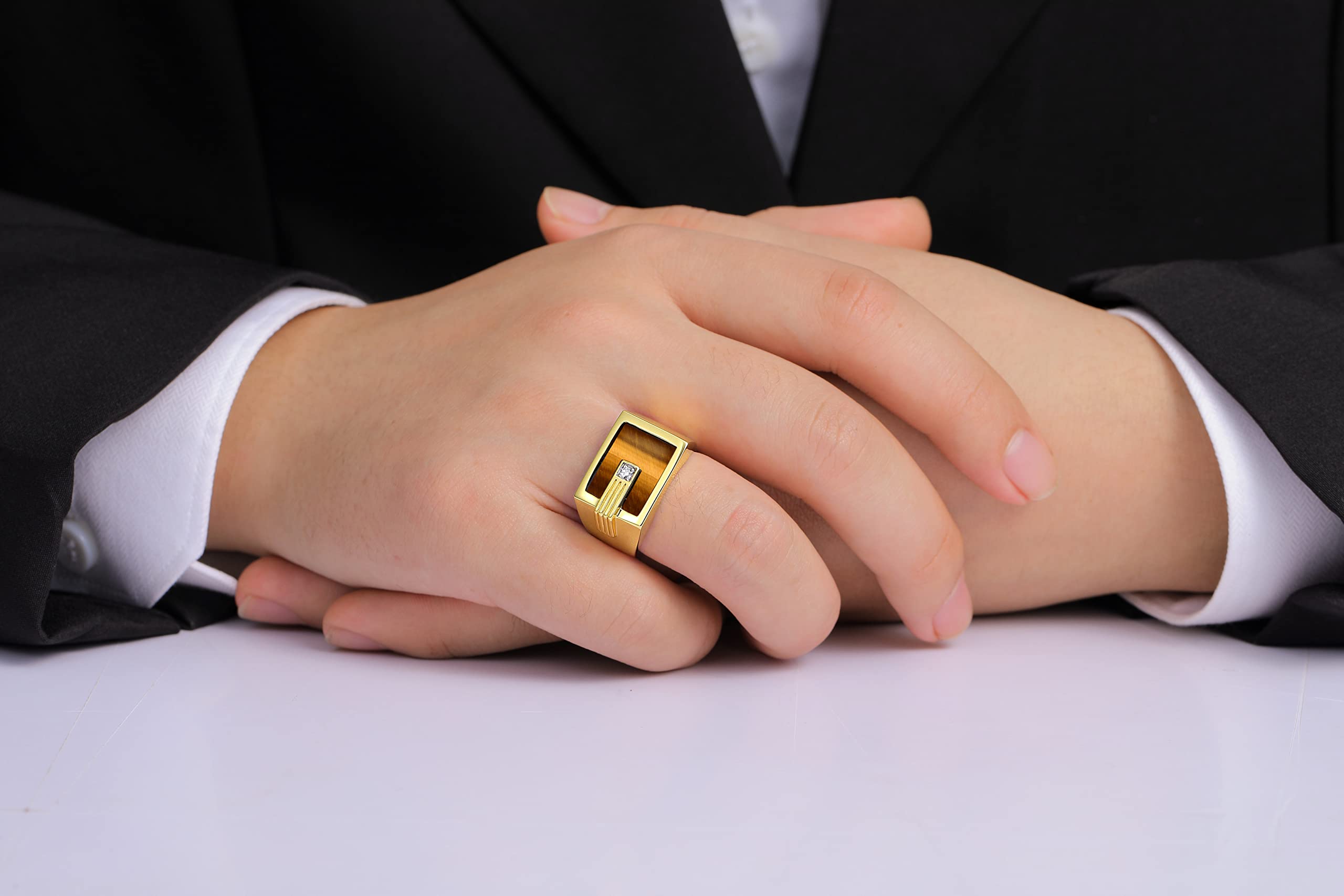 14K Yellow Gold Men's Ring with Diamond & Tiger Eye - Designer Jewelry for Men - Sizes 8-13 - Perfect for Weddings, Gifts & Everyday Wear