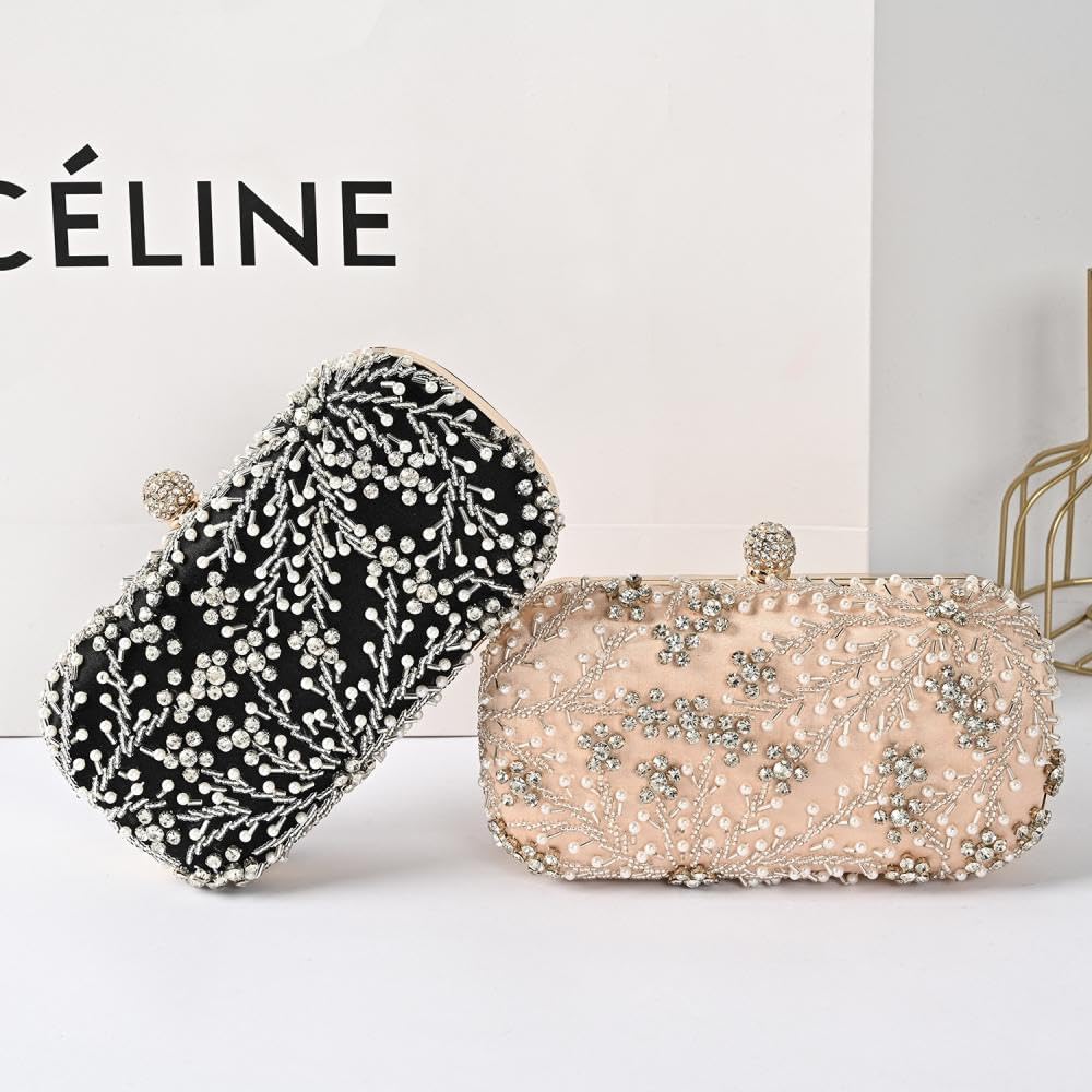 Elegant Rhinestone & Pearl Clutch Purse for Women - Wedding, Prom, Cocktail Party & Evening Events - Sparkling Formal Handbag for Special Occasions