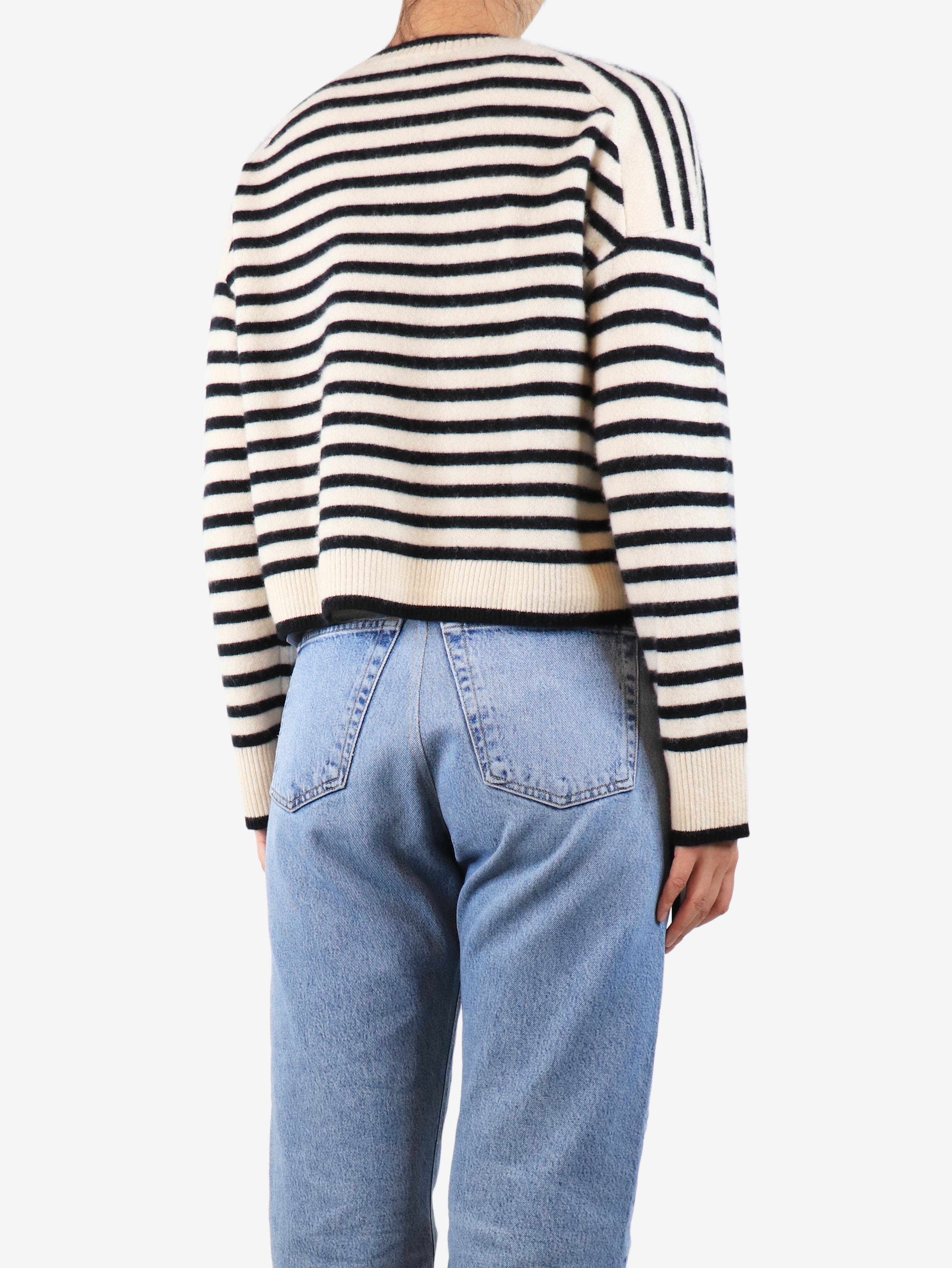 Black and Cream Striped Cashmere Cardigan for Women - UK Size 8 | Soft & Warm Winter Knitwear for Office, Dating & Casual Outfits
