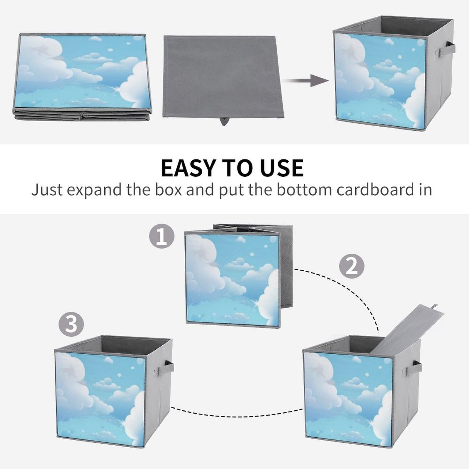 6-Pack Cartoon Clouds Collapsible Storage Bins with Handles - Large Closet Organizer, Clothing Storage Boxes for Bedroom, Nursery & Kids Room Organization