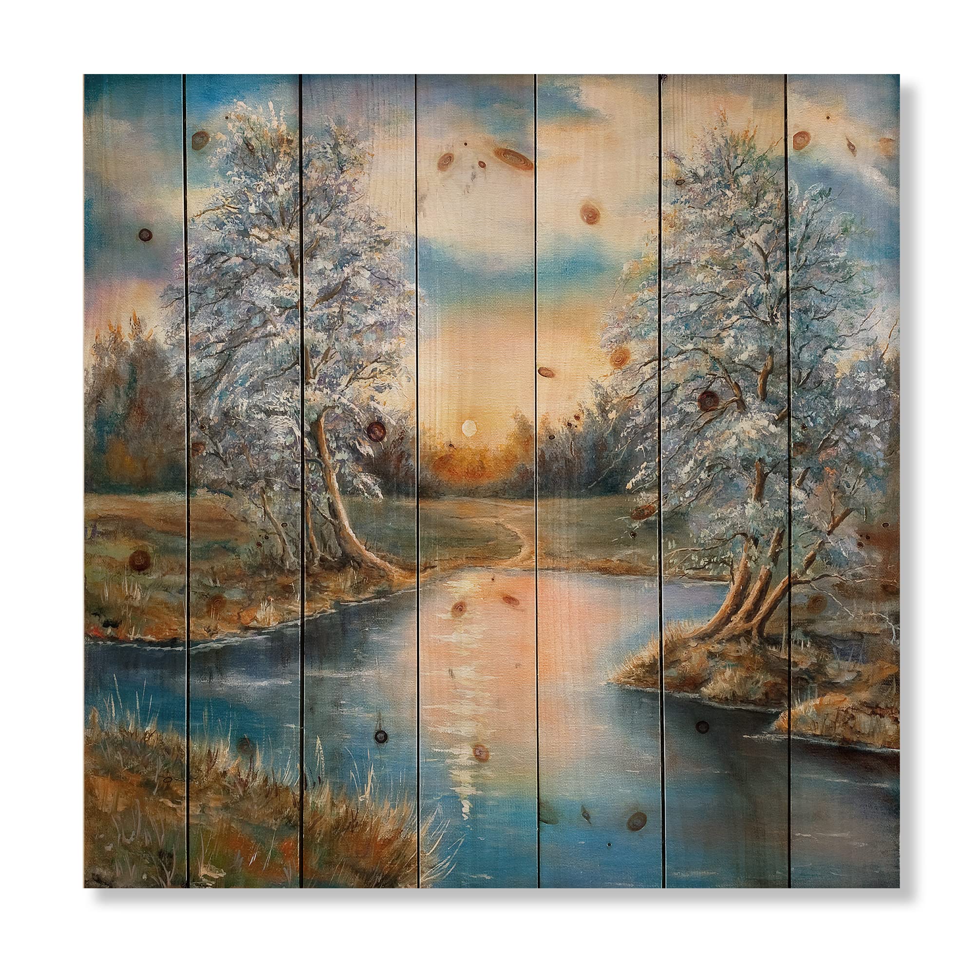DesignQ Autumn Birch Forest Lake House Wood Wall Decor - Blue Landscape Wood Art Panel, Large Pine Wood Wall Art for Living Room, Bedroom & Office Decor