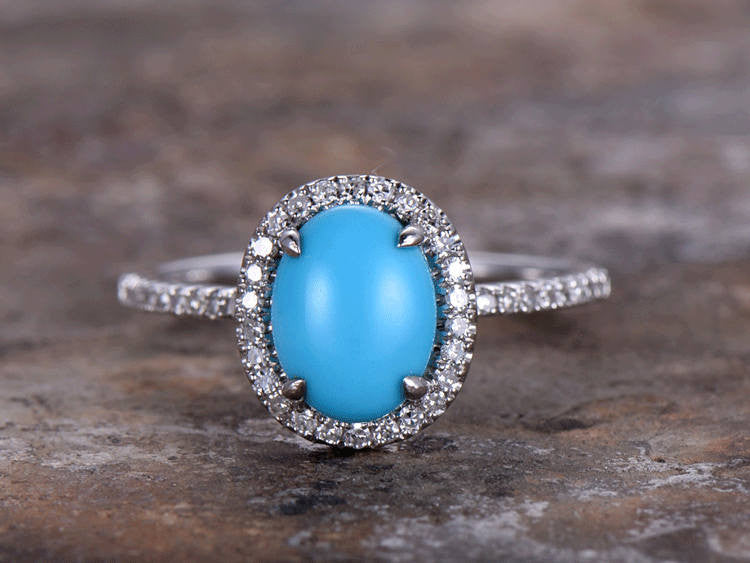 6x8mm Oval Cut Turquoise Engagement Ring - 925 Sterling Silver White Gold Plated Art Deco Wedding Band for Women, Halo Bridal Jewelry, Perfect for Proposals, Anniversaries & Special Occasions