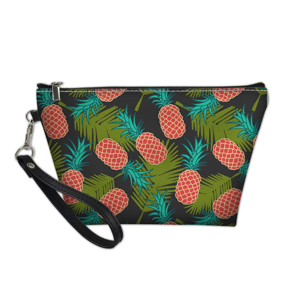 AMZBeauty Women's Pineapple Print Leather Makeup Bag - Waterproof Travel Cosmetic Organizer with Zipper & Handle - Perfect for Toiletries, Brushes & Travel Essentials (Vacation, Gym, Beach)