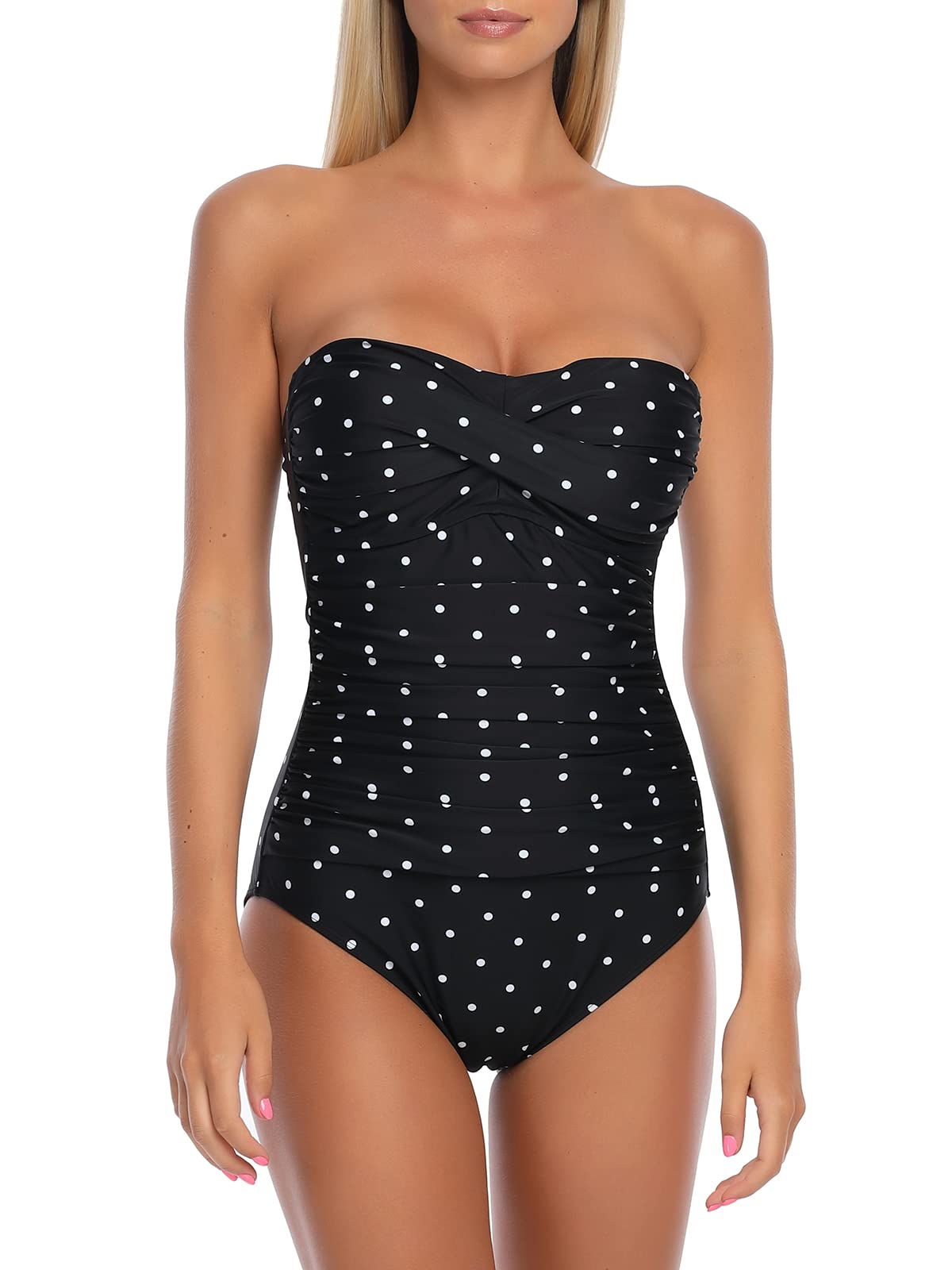 Ocean Blues Women's Bandeau One Piece Swimsuit with Molded Cups & Tummy Control - Sexy Shirring Design for Beach, Pool & Vacation | Plus Size Swimwear for Women