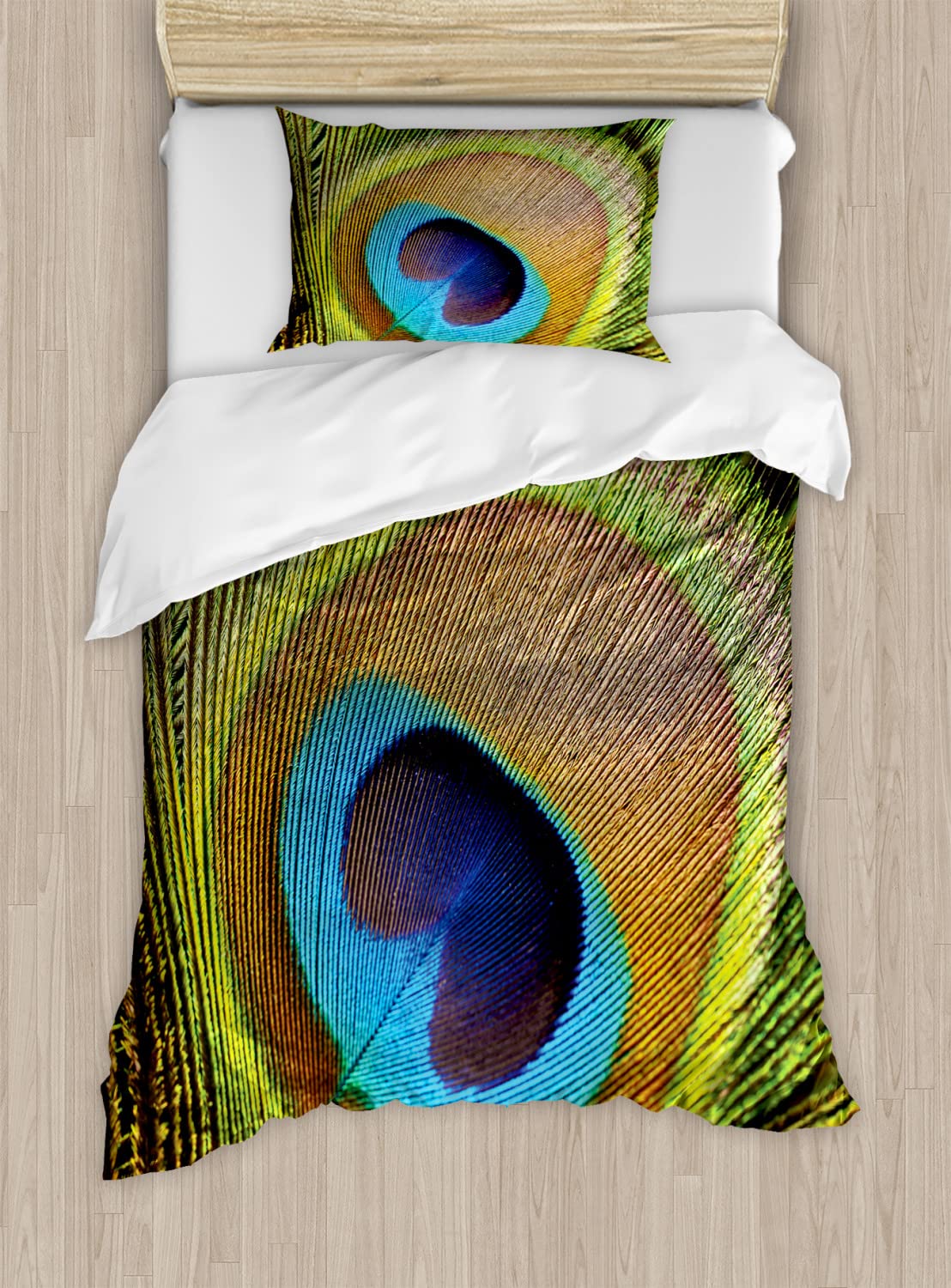 Ambesonne Peacock Duvet Cover Set - Exotic Wildlife Themed Queen Size Bedding with 2 Duvet Covers & 4 Pillowcases, Teal & Mustard Bird Feather Eye Design - Perfect for Bohemian & Luxury Bedroom Decor